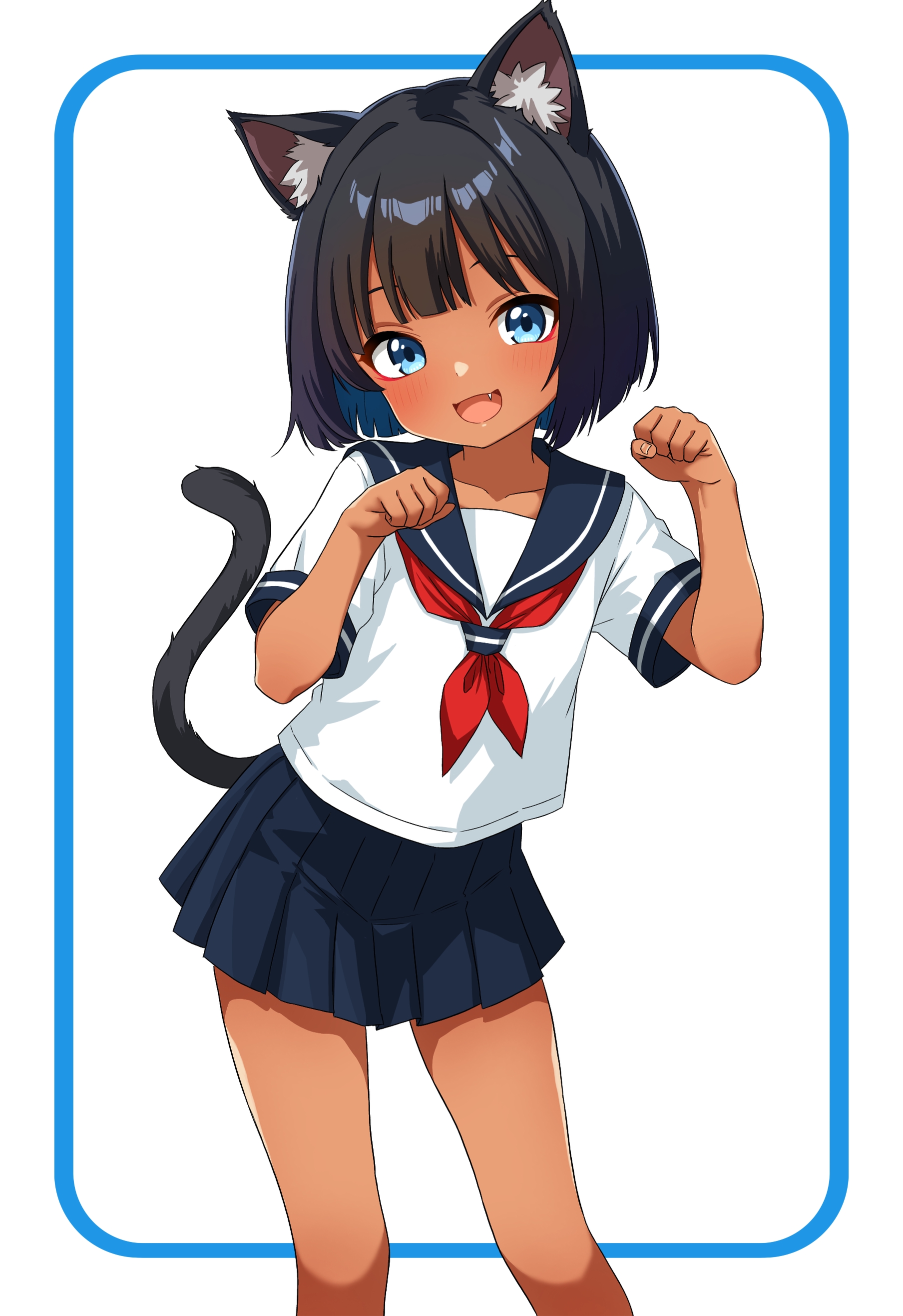alpaca no otouto, original, absurdres, commentary request, highres, 1girl, animal ear fluff, animal ears, black hair, blue eyes, blue hair, blue sailor collar, blue skirt, blush, cat ears, cat girl, cat tail, colored inner hair, dark-skinned female, dark skin, fang, looking at viewer, multicolored hair, neckerchief, open mouth, paw pose, pleated skirt, red neckerchief, sailor collar, school uniform, serafuku, shirt, short hair, short sleeves, simple background, skirt, solo, standing, tail, white background, white shirt
