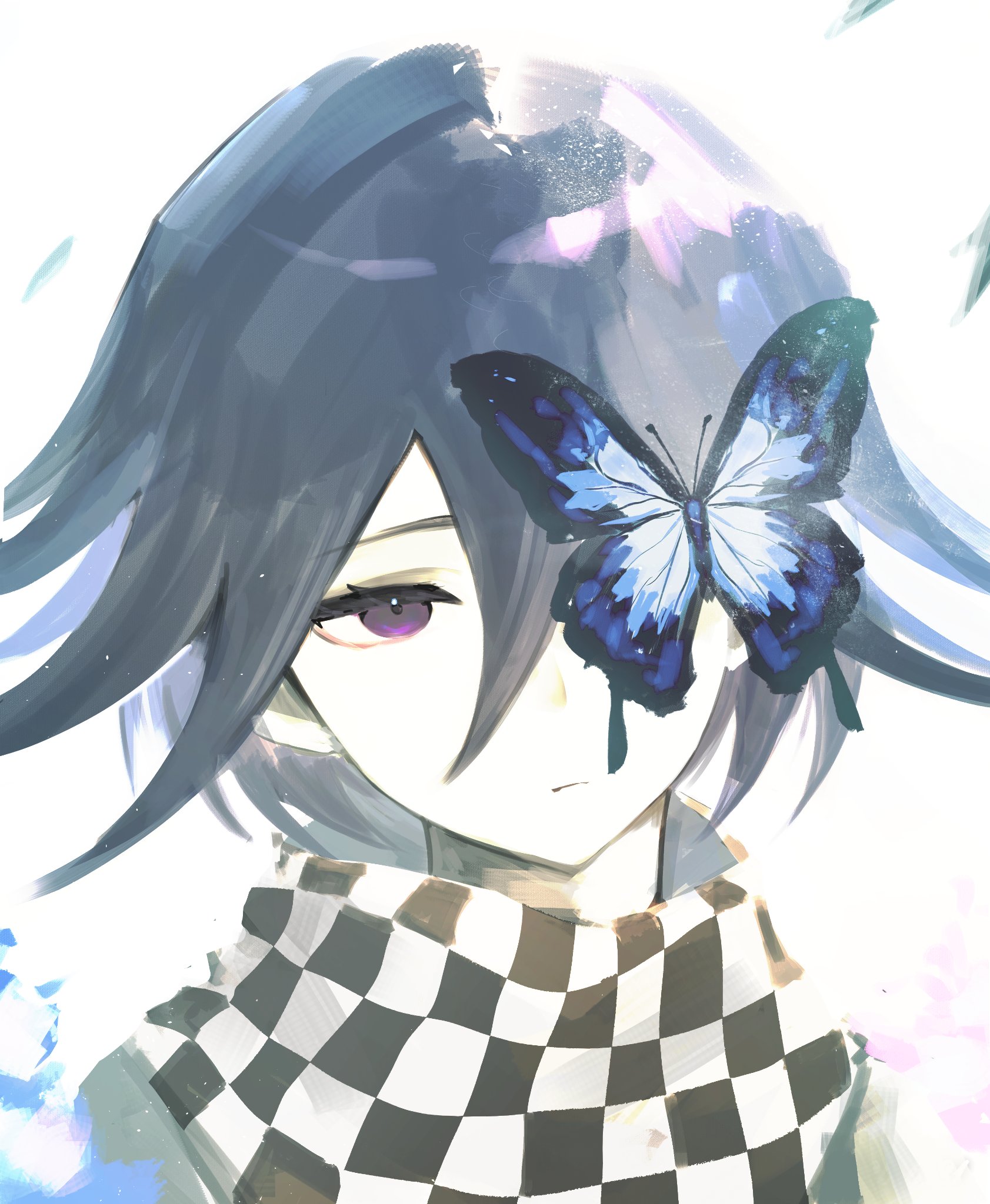oma kokichi, danganronpa (series), danganronpa v3: killing harmony, commentary, highres, symbol-only commentary, 1boy, bishounen, black hair, blue butterfly, bug, butterfly, butterfly over eye, checkered clothes, checkered scarf, closed mouth, expressionless, flipped hair, flower, hair between eyes, insect, light particles, looking at viewer, male focus, pale color, portrait, purple eyes, purple hair, scarf, short hair, simple background, solo, two-tone scarf, zr 310