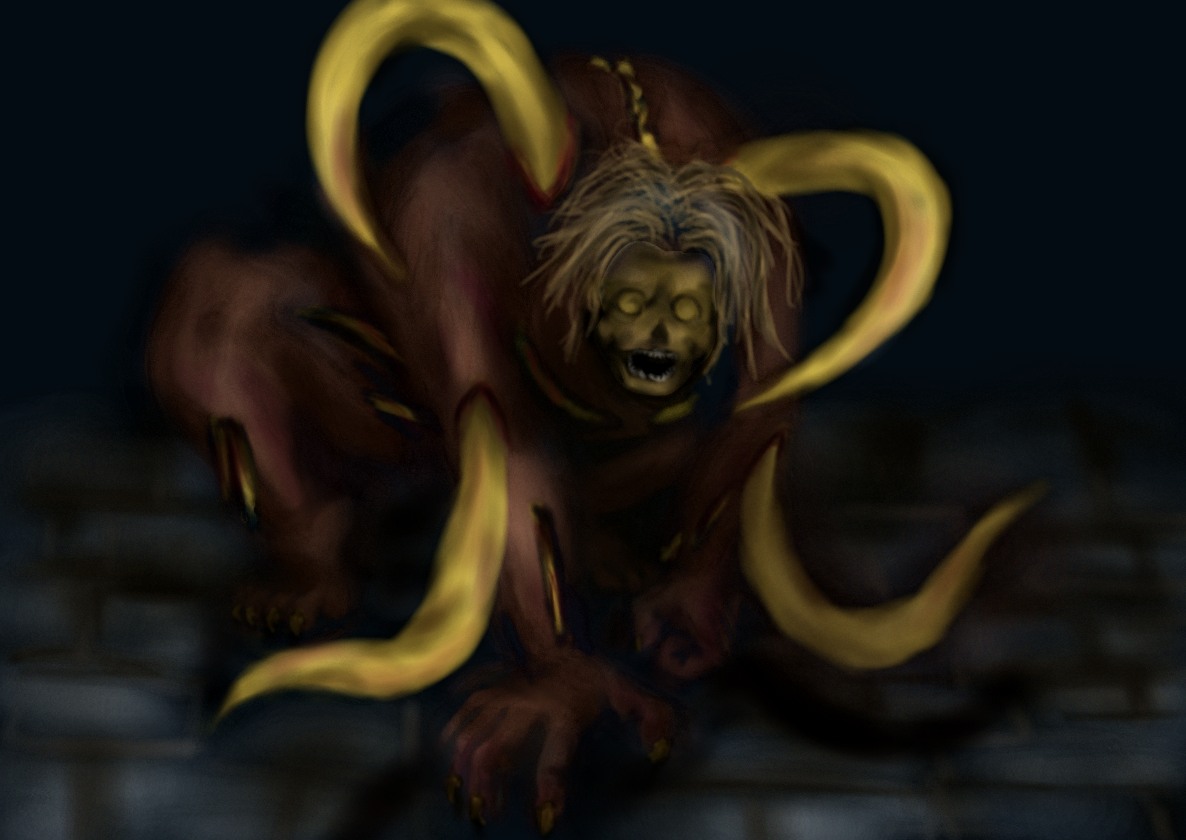 scarmiglione, final fantasy, final fantasy iv, 1990s (style), 1boy, crawling, dark, full body, male focus, monster, retro artstyle, solo, tentacles