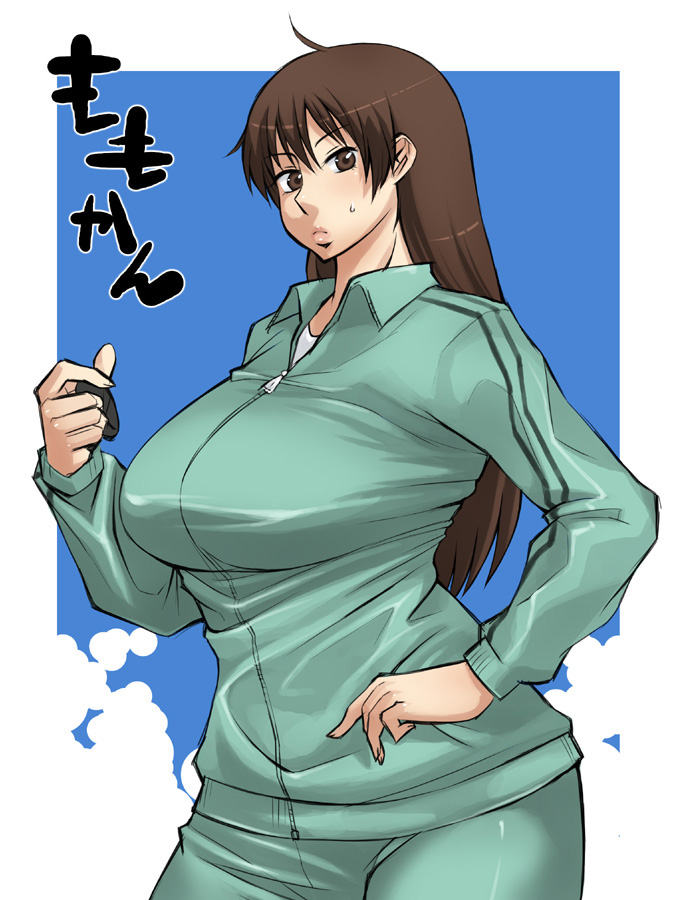 enoshima iki, momoe maria, ookiku furikabutte, 00s, 1girl, border, breasts, brown eyes, brown hair, contrapposto, female focus, green background, gym outfit, gym uniform, hand on own hip, huge breasts, long hair, looking at viewer, matching hair/eyes, simple background, solo, sweatdrop, track suit, white border, zipper