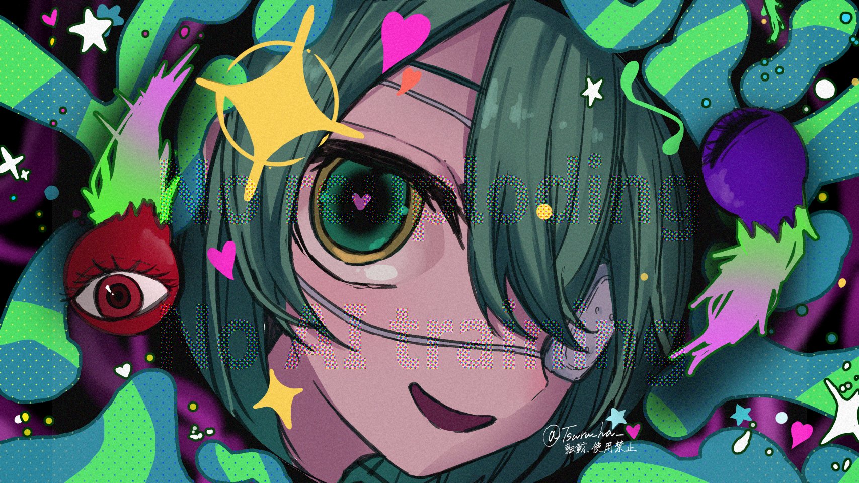 annin cha, komeiji koishi, monitoring (vocaloid), touhou, highres, 1girl, abstract background, eyepatch, green eyes, green hair, hair between eyes, heart, heart-shaped pupils, looking at viewer, medical eyepatch, open mouth, pov peephole, smile, solo, symbol-shaped pupils, third eye, watermark