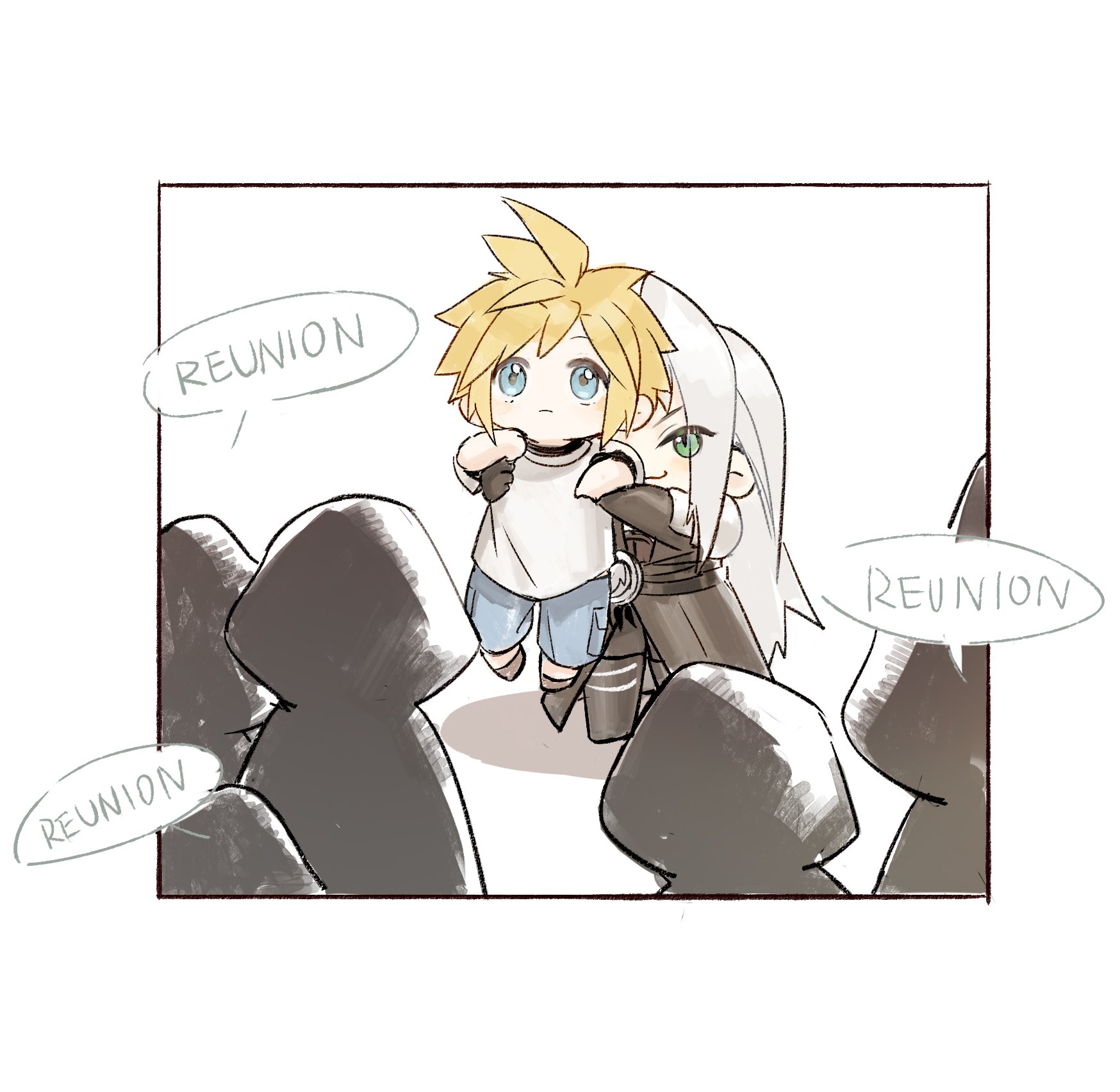 lydiaaa, cloud strife, sephiroth, final fantasy, final fantasy vii, final fantasy vii remake, highres, >:), 2boys, :3, aged down, arms up, belt, black belt, black boots, black coat, black gloves, black robe, blonde hair, blue eyes, blue shorts, boots, brown shoes, chibi, chibi only, coat, crowd, english text, expressionless, gloves, green eyes, grey hair, hood, hood up, hooded robe, inset border, knee boots, lifting person, long hair, male focus, multiple boys, robe, shadow, shirt, shoes, short hair, shorts, slit pupils, speech bubble, spiked hair, standing, t-shirt, time paradox, v-shaped eyebrows, very long hair, white background, white shirt