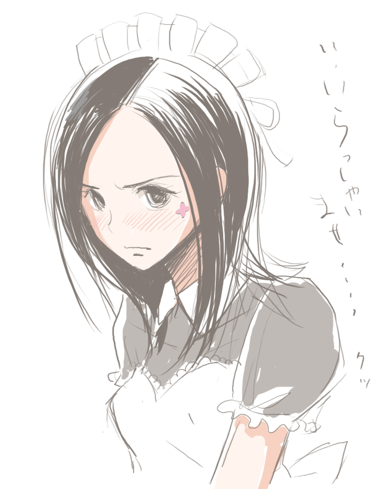 kokudou juunigou, talho yuuki, eureka seven, eureka seven (series), 00s, 1girl, apron, blush, breasts, embarrassed, female focus, frilled sleeves, frills, looking at viewer, maid, maid headdress, short sleeves, simple background, sketch, small breasts, solo, upper body, white apron, white background