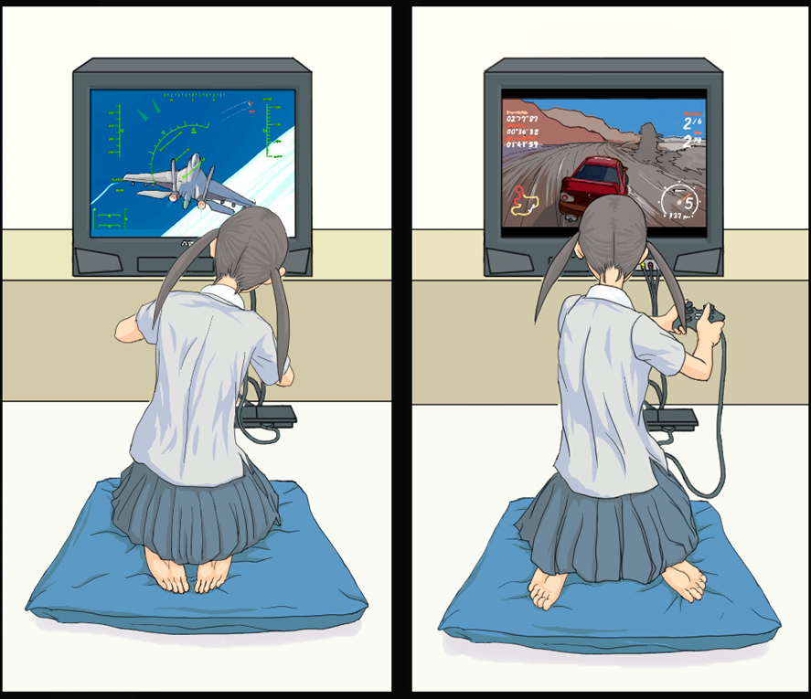 flash tomo, ace combat, original, sega rally, jet, bad id, bad pixiv id, 1girl, aircraft, airplane, barefoot, black hair, brown hair, car, dress shirt, feet, game console, long hair, motor vehicle, pillow, playing games, playstation 2, product placement, racing, school uniform, seiza, serafuku, shirt, sitting, sitting on pillow, skirt, soles, split screen, television, toes, twintails, video game