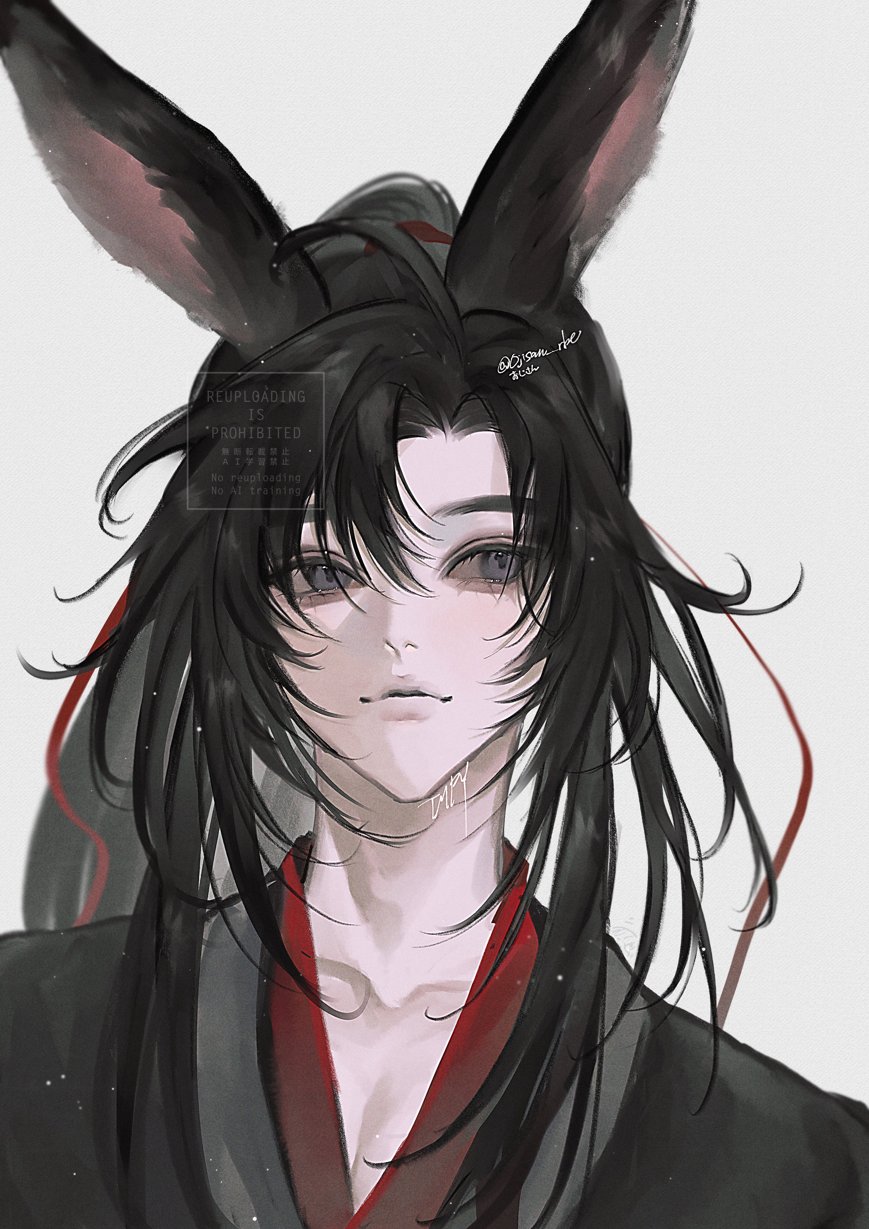 ojisan rbt, wei wuxian, modao zushi, absurdres, highres, 1boy, ahoge, animal ears, artist name, bishounen, black eyes, black hair, black hanfu, chinese clothes, closed mouth, collarbone, eyelashes, grey background, grey eyes, hair ribbon, hanfu, kemonomimi mode, light particles, long hair, looking at viewer, male focus, parted bangs, parted lips, pectoral cleavage, pectorals, ponytail, portrait, rabbit boy, rabbit ears, red ribbon, ribbon, sidelocks, simple background, smile, solo, twitter username, upper body, watermark, white background