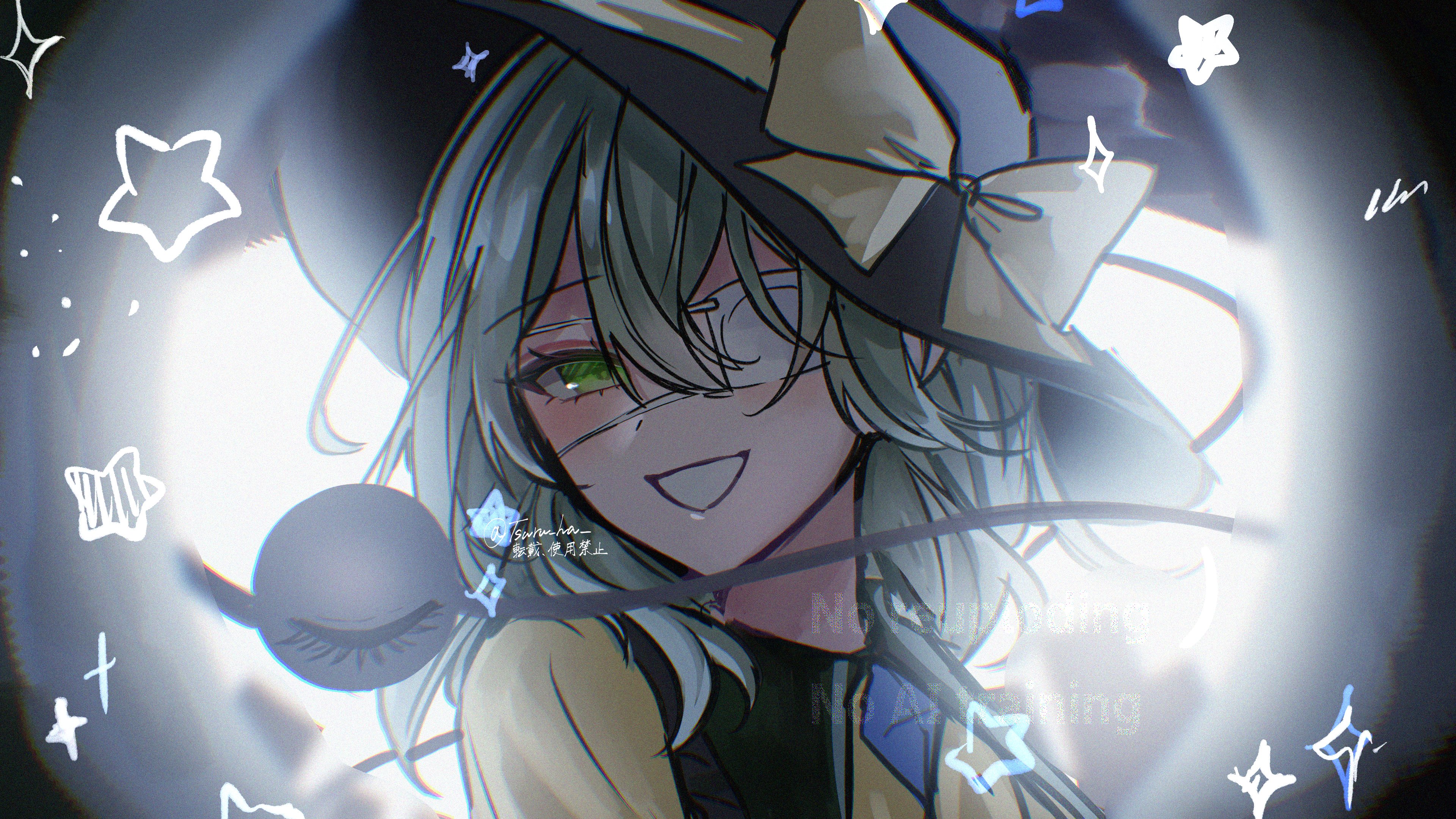 annin cha, komeiji koishi, monitoring (vocaloid), touhou, absurdres, highres, 1girl, eyepatch, green eyes, green hair, grin, hair between eyes, hat, looking at viewer, medical eyepatch, medium hair, pov peephole, shirt, smile, solo, teeth, third eye, upper body, watermark, yellow shirt