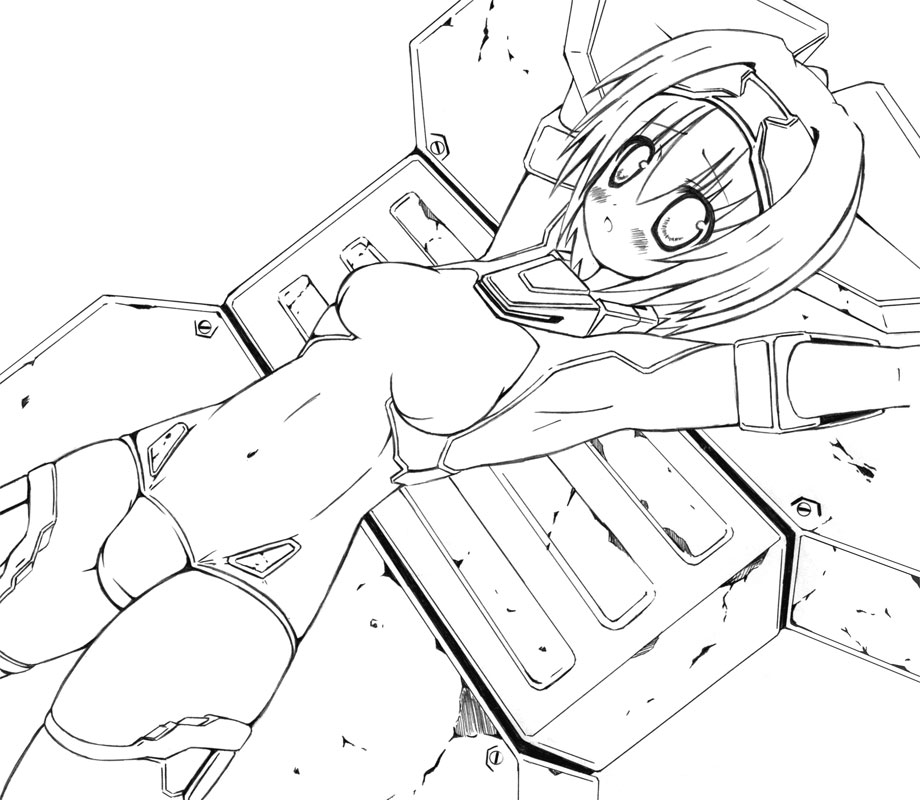 exelica, trigger heart exelica, bad id, bad pixiv id, 1girl, armpits, bdsm, bondage, bound, female focus, greyscale, monochrome, solo