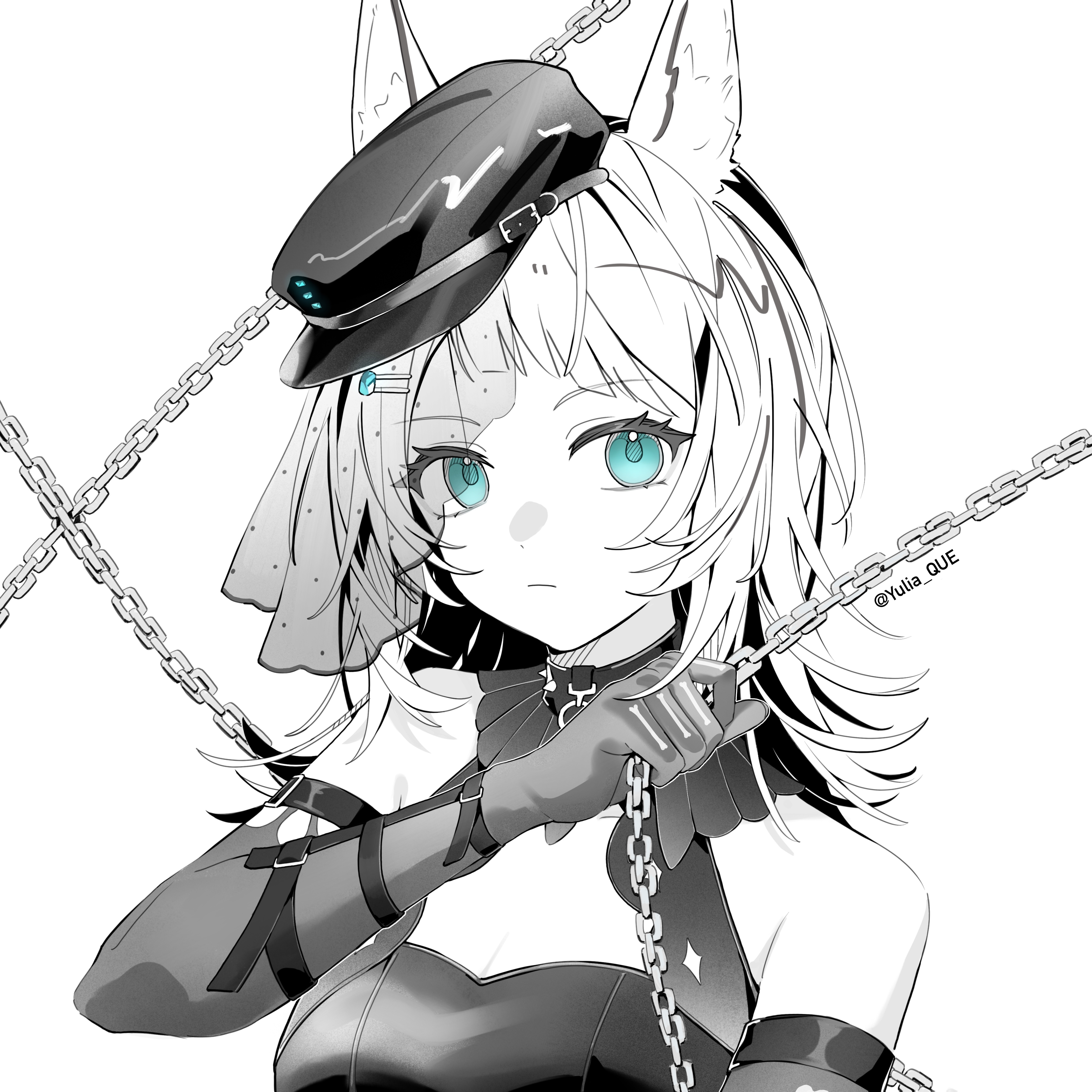 yahata umiri, yahata umiri (moonlight executioner), bang dream!, bang dream! it's mygo!!!!!, absurdres, chinese commentary, commentary request, highres, 1girl, animal ears, bare shoulders, blue eyes, breasts, chain, closed mouth, elbow gloves, gloves, hair ornament, hairclip, hand up, holding, holding chain, kemonomimi mode, lanmei nai fu ye, looking at viewer, medium breasts, medium hair, solo, upper body, white background, wolf ears, wolf girl