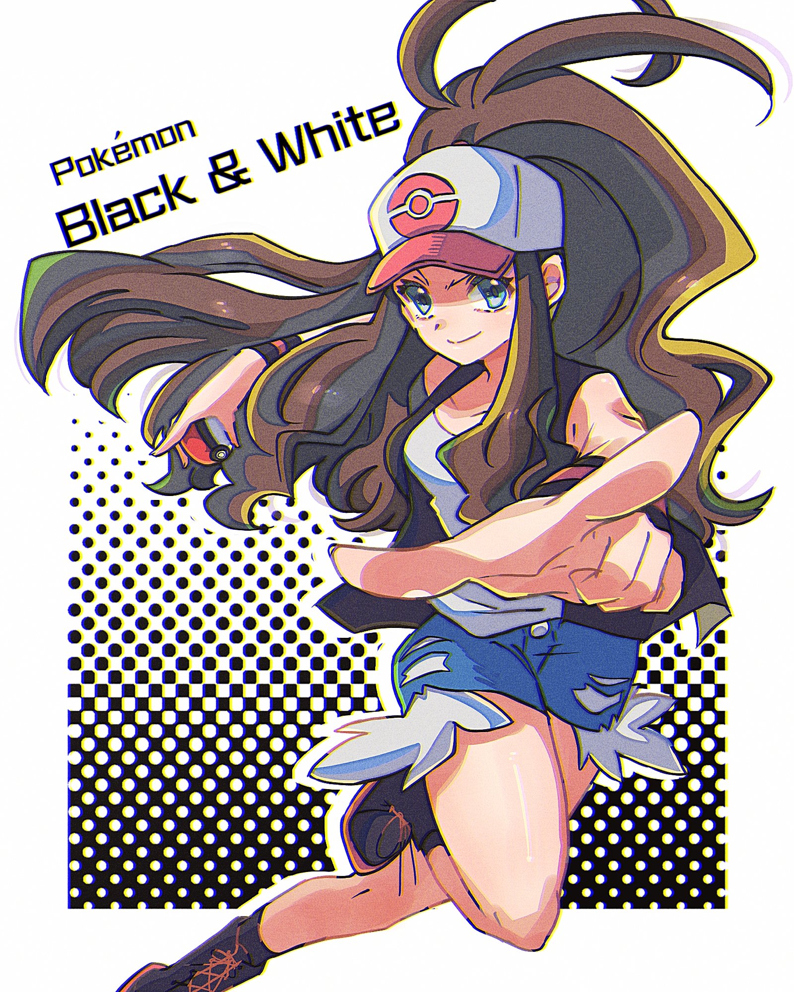 ngo (ngo hotategoya), hilda (pokemon), nintendo, pokemon, pokemon bw, highres, 1girl, baseball cap, black shoes, blue eyes, brown hair, denim, denim shorts, english text, hat, high ponytail, holding, holding poke ball, long hair, looking at viewer, poke ball, ponytail, shirt, shoes, shorts, sidelocks, simple background, smile, solo, vest, white background, white shirt, wristband