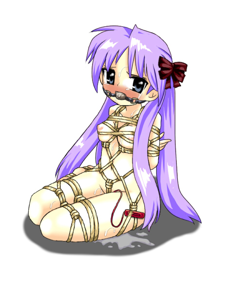 lilish, hiiragi kagami, lucky star, 00s, 1girl, arms behind back, ball gag, bdsm, bondage, bound, crotch rope, female focus, full body, gag, gagged, long hair, nipples, nude, purple hair, pussy juice, rope, sex toy, shibari, simple background, solo, sweat, vibrator, white background