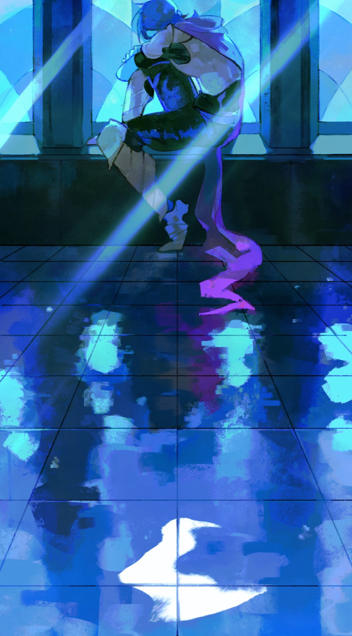 bourbonciely, kris (dark world) (deltarune), kris (deltarune), deltarune, utdr (toby fox), highres, 1other, armor, blue hair, blue theme, cape, hand on own knee, knee up, knight, reflection, reflection focus, sitting, stained glass
