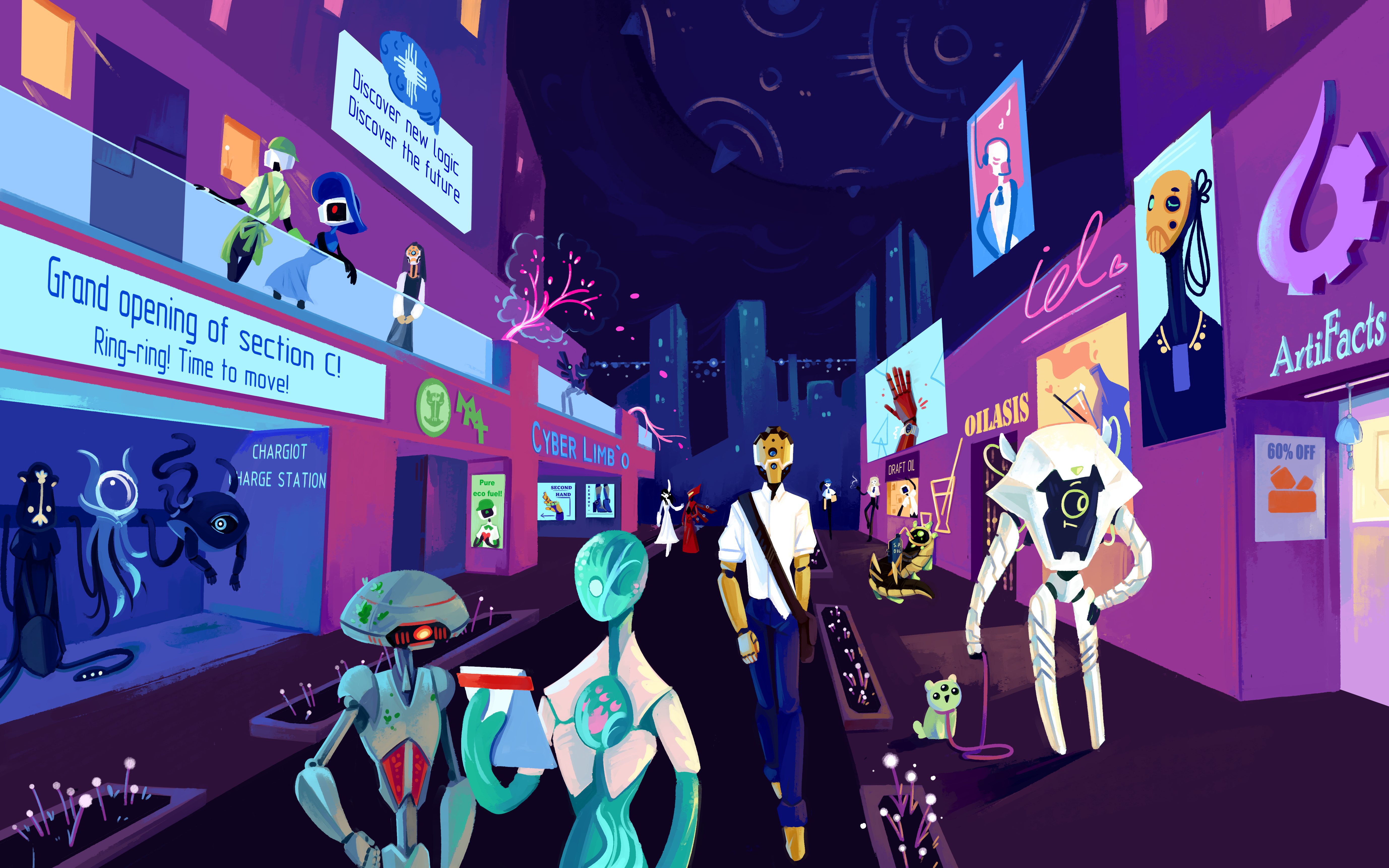 stellaris (game), absurdres, commentary, highres, 3others, ad, alien, android, apron, bag, black pants, blue dress, blue hat, blue pants, cbhamsky, city, cityscape, dress, drinking, drinking straw, green apron, green hat, green shirt, hat, headphones, leash, machine, mechanical arms, mechanical legs, moss, multiple others, musical note, one-eyed, pants, percentage, pet, planet, powering up, recharging, robot, satchel, shirt, watch, white shirt, wristwatch