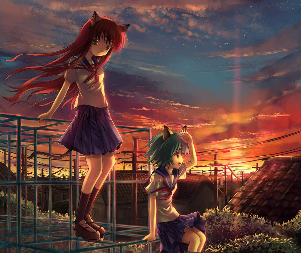 kitiroku, 2girls, animal ears, brown eyes, cat ears, cat tail, cloud, green eyes, green hair, jungle gym, lens flare, long hair, multiple girls, playground, power lines, red hair, school uniform, serafuku, short hair, star (symbol), sunset, tail