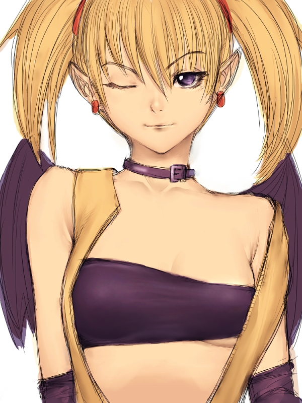 fumio (rsqkr), lilica felchenerow, aq interactive, arcana heart, atlus, examu, 1girl, bandeau, bare shoulders, blonde hair, breasts, choker, collar, demon girl, earrings, female focus, jewelry, midriff, one eye closed, pointy ears, purple eyes, simple background, small breasts, smile, solo, strapless, tube top, twintails, underboob, upper body, vest, white background, wings, wink