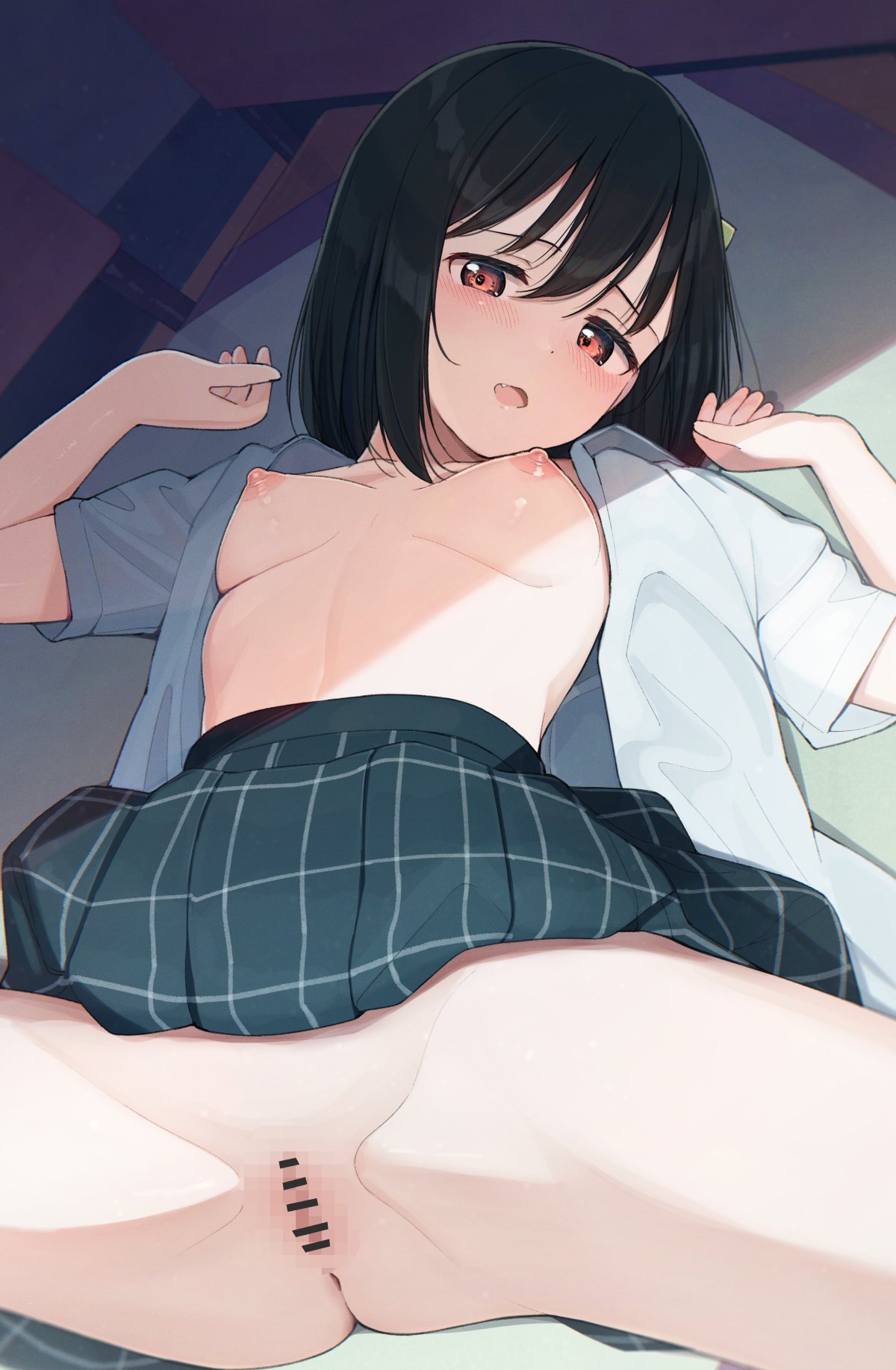 tata (tataice), mifune shioriko, love live!, love live! nijigasaki high school idol club, commentary, highres, 1girl, bar censor, blue shirt, blue skirt, blush, bow, breasts, censored, green hair, hair bow, lying, medium breasts, medium hair, mosaic censoring, nijigasaki school uniform, nipples, no bra, no panties, on back, open clothes, open mouth, open shirt, plaid clothes, plaid skirt, pussy, red eyes, school uniform, shirt, skirt, solo, spread legs, sunlight, yellow bow