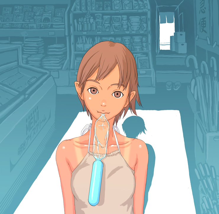 flash tomo, original, bad id, bad pixiv id, 1girl, bare shoulders, blue background, brown eyes, brown hair, closed umbrella, convenience store, female focus, halterneck, head tilt, indoors, looking at viewer, magazine (object), mouth hold, pointy ears, sandals, shadow, shiny skin, shoes, shop, short hair, solo, tan, tanline, tupet, umbrella, unworn shoes