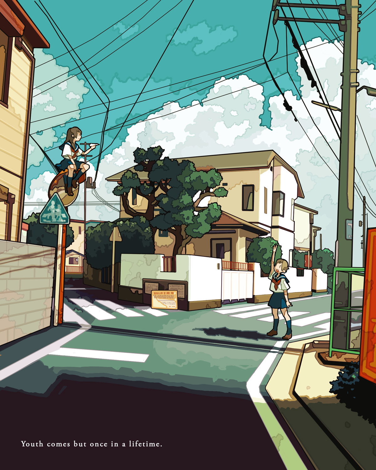 haruo (clownberry), original, highres, 2girls, child, cloud, day, english text, holding, holding paper airplane, house, multiple girls, paper airplane, phone booth, power lines, road, school uniform, serafuku, sky, street, traffic mirror, waving
