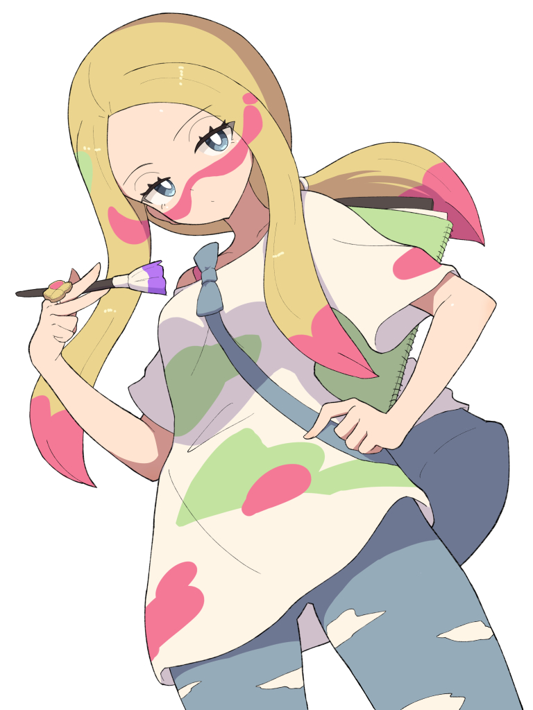 hiyoshipow, mina (pokemon), nintendo, pokemon, pokemon sm, 1girl, blonde hair, bright pupils, closed mouth, eyelashes, facepaint, grey eyes, half-closed eyes, holding, long hair, looking at viewer, multicolored hair, paint, paintbrush, pants, shirt, short sleeves, solo, white background, white shirt