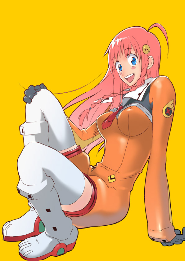 choobackers32, choobackers32 (pixiv200837), nono (top wo nerae 2!), top wo nerae! (series), top wo nerae 2!, bad id, bad pixiv id, 00s, 1girl, :d, ahoge, aqua eyes, blue eyes, boots, braid, female focus, gloves, grin, jumpsuit, leaning back, long hair, necktie, open mouth, orange jumpsuit, pin, pink hair, romper, sitting, smile, smiley face, solo, squatting, thigh boots, thighhighs, yellow background