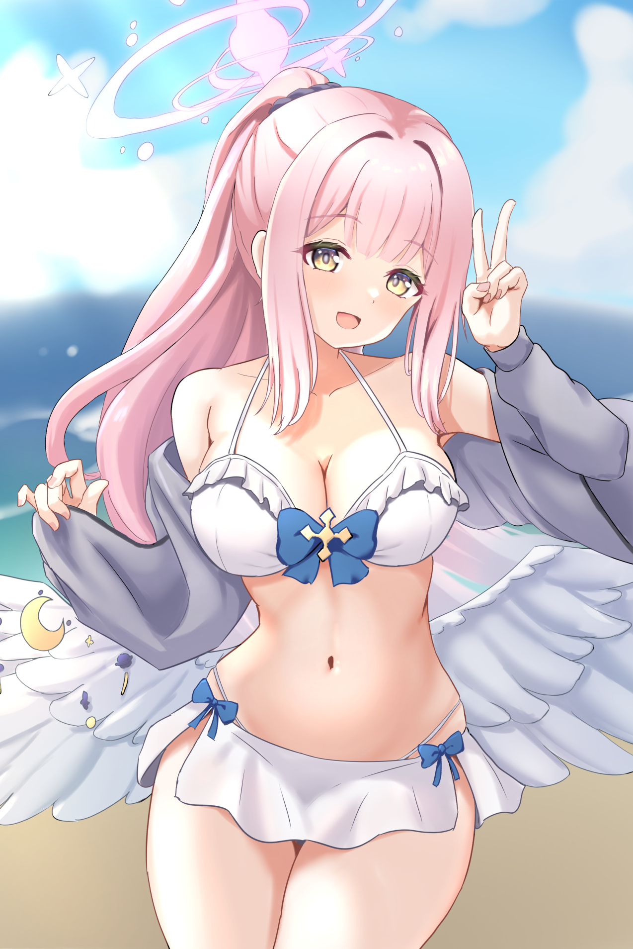 2 (ninininni), mika (blue archive), blue archive, highres, 1girl, alternate costume, alternate hairstyle, angel wings, bare shoulders, bikini, black jacket, blue bow, blush, bow, breasts, cleavage, collarbone, feathered wings, halo, jacket, long hair, long sleeves, looking at viewer, low wings, navel, open mouth, panties, pink hair, pink halo, pink nails, ponytail, smile, solo, stomach, swimsuit, underwear, v, very long hair, white bikini, white wings, wings, yellow eyes