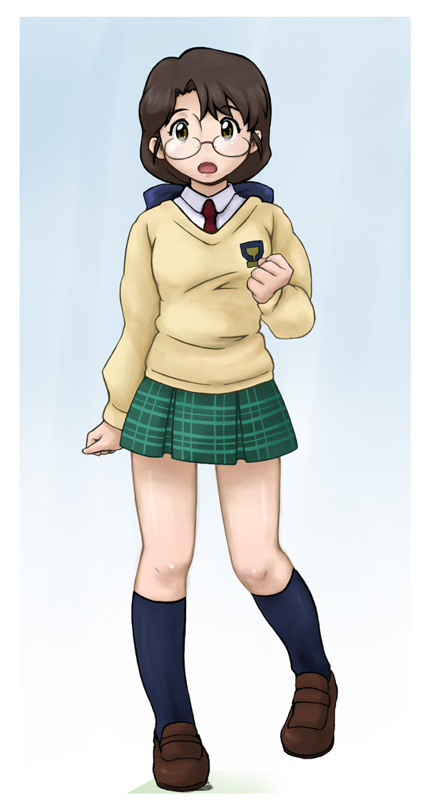 oreshika, ebihara chinami, code-e, plaid, 00s, 1girl, blue background, blue socks, brown hair, female focus, full body, glasses, kneehighs, loafers, long sleeves, looking at viewer, pleated skirt, rimless eyewear, school uniform, serafuku, shoes, simple background, skirt, socks, solo, standing, sweater