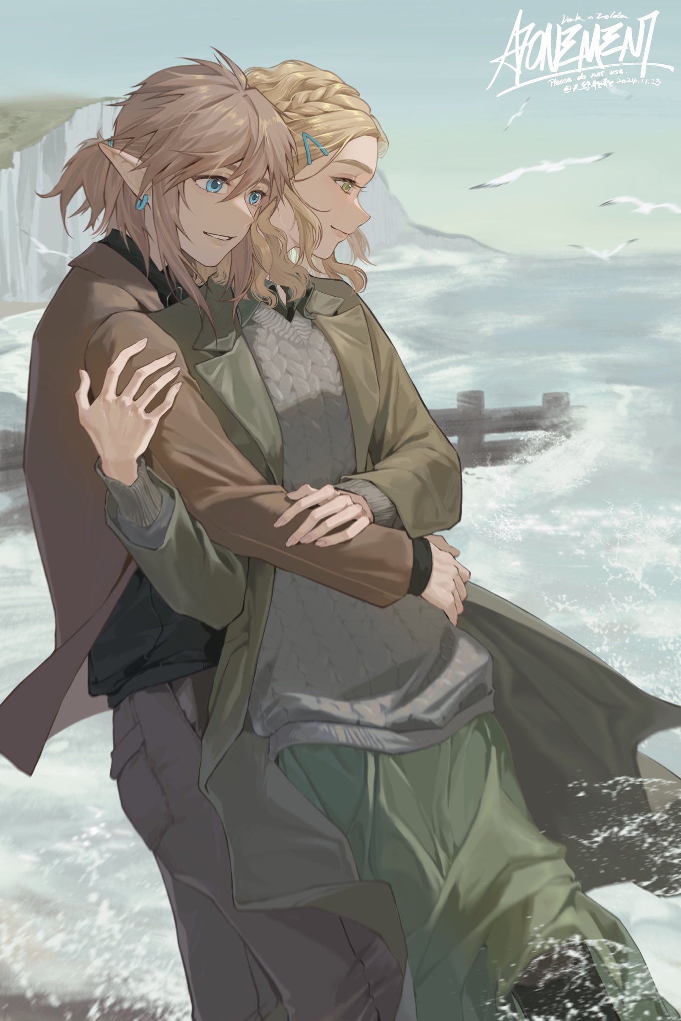 tianyexiping, link, princess zelda, nintendo, the legend of zelda, the legend of zelda: breath of the wild, the legend of zelda: tears of the kingdom, highres, alternate costume, aqua eyes, bird, blonde hair, braid, breasts, brown coat, cable knit, cliff, closed mouth, coat, couple, cowboy shot, crown braid, earrings, green eyes, green skirt, grey sweater, hair between eyes, hair ornament, hair tie, hairclip, hetero, holding another's arm, hug, hug from behind, jewelry, long skirt, medium breasts, ocean, parted lips, pointy ears, ponytail, short ponytail, sidelocks, skirt, smile, splashing, sweater
