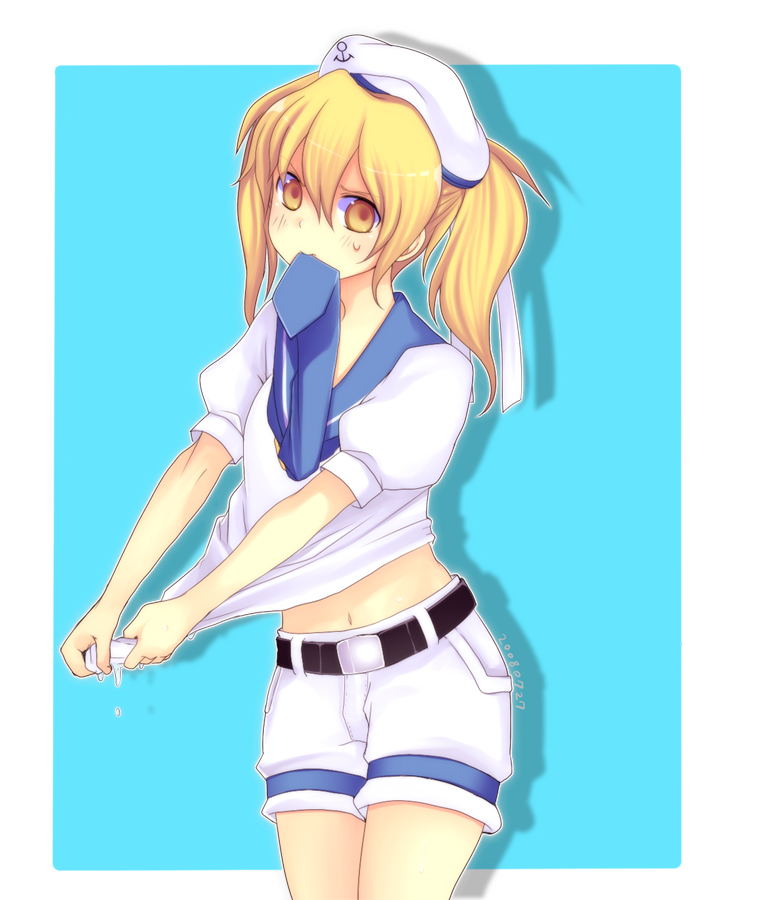 harano, kitashirakawa chiyuri, phantasmagoria of dim.dream, touhou, touhou (pc-98), bad id, bad pixiv id, 1girl, belt, blonde hair, blue sailor collar, female focus, hat, midriff, mouth hold, navel, sailor collar, sailor hat, shorts, solo, twintails, yellow eyes
