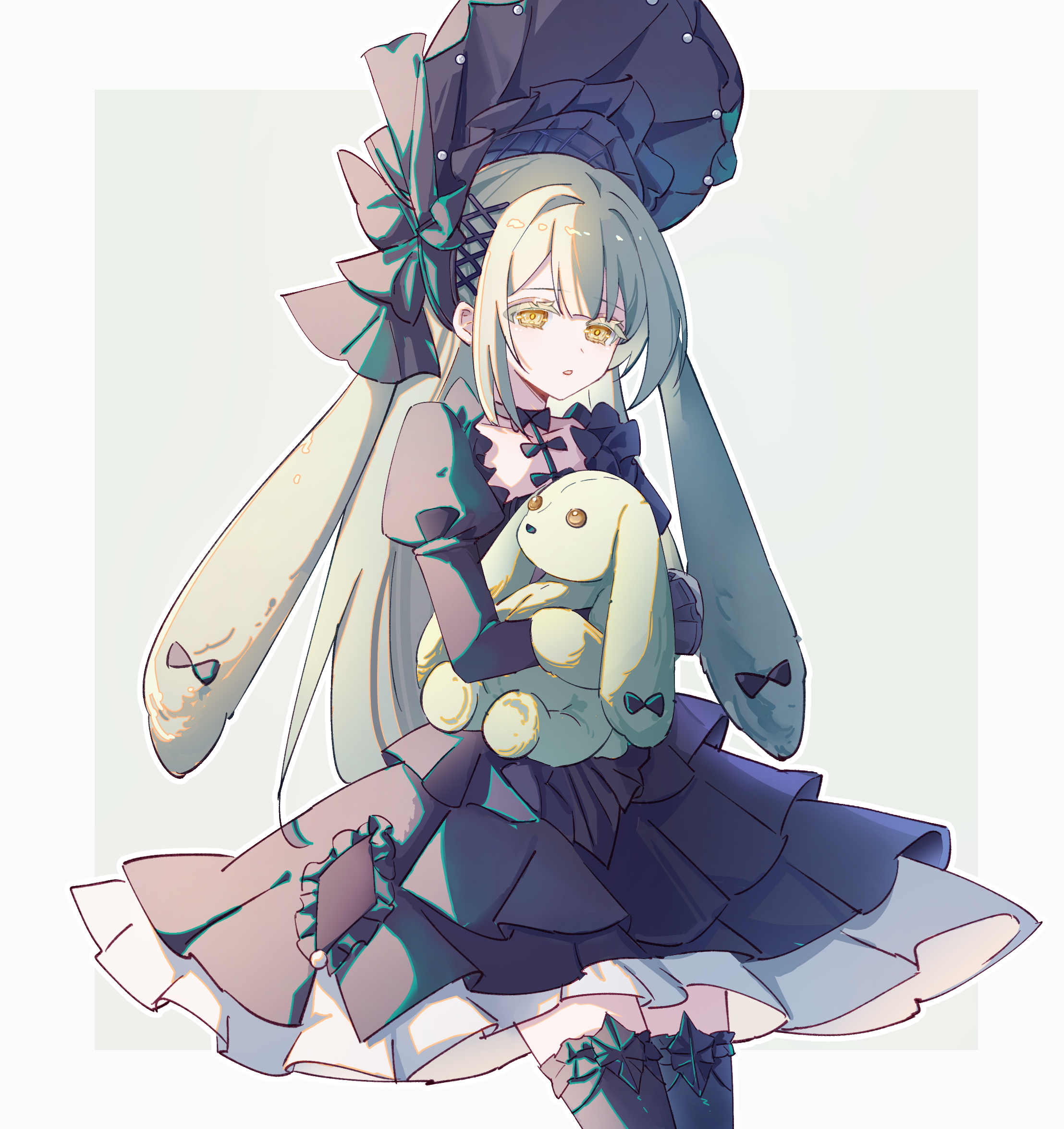 wakaba mutsumi, wakaba mutsumi (marionette's id), arknights, bang dream!, bang dream! it's mygo!!!!!, chinese commentary, commentary request, highres, 1girl, animal ears, banjiu hao xiangyan baihuo, black bonnet, black dress, black thighhighs, bonnet, cowboy shot, dress, floppy ears, frilled dress, frills, gothic lolita, green hair, hair ornament, holding, holding stuffed toy, lolita fashion, long hair, looking at viewer, rabbit ears, rabbit girl, sidelocks, solo, standing, stuffed animal, stuffed rabbit, stuffed toy, thighhighs, x hair ornament, yellow eyes