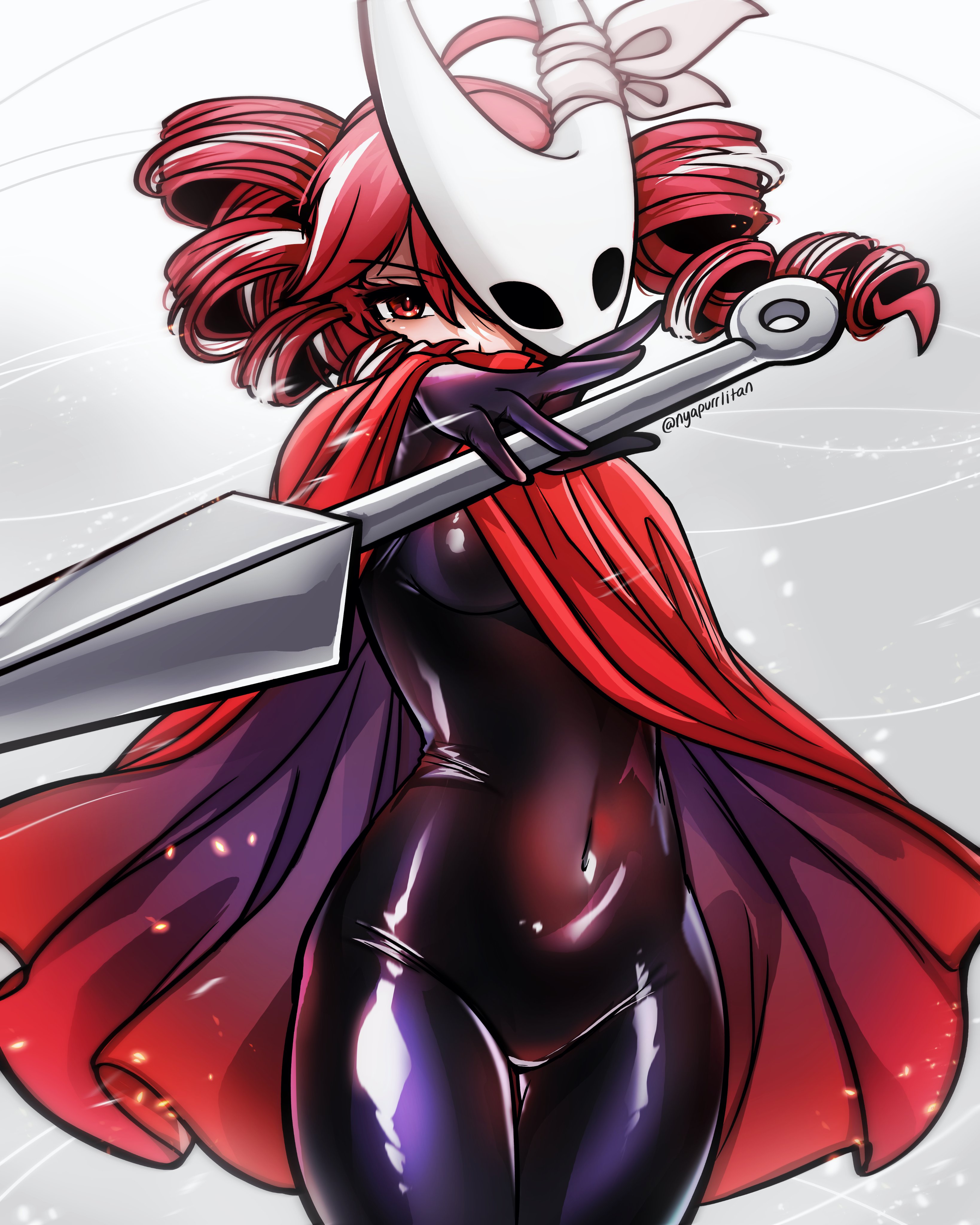 nyapurrlitan, hornet (hollow knight), kasane teto, kasane teto (sv), hollow knight, hollow knight: silksong, synthesizer v, utau, absurdres, highres, ahoge, black bodysuit, bodysuit, breasts, cape, cosplay, drill hair, grey background, holding, holding sword, holding weapon, hornet (hollow knight) (cosplay), looking at viewer, mask, mask on head, mask over one eye, medium hair, multicolored hair, red cape, red eyes, red hair, small breasts, streaked hair, sword, twin drills, weapon, white hair