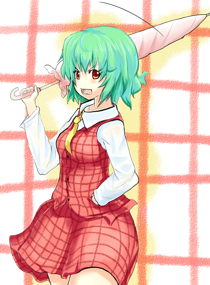 sergei (pattundo), kazami yuuka, touhou, bad id, bad pixiv id, 1girl, angry, ascot, closed umbrella, female focus, green hair, plaid clothes, plaid skirt, plaid vest, red eyes, short hair, skirt, skirt set, solo, umbrella, vest, wide hips