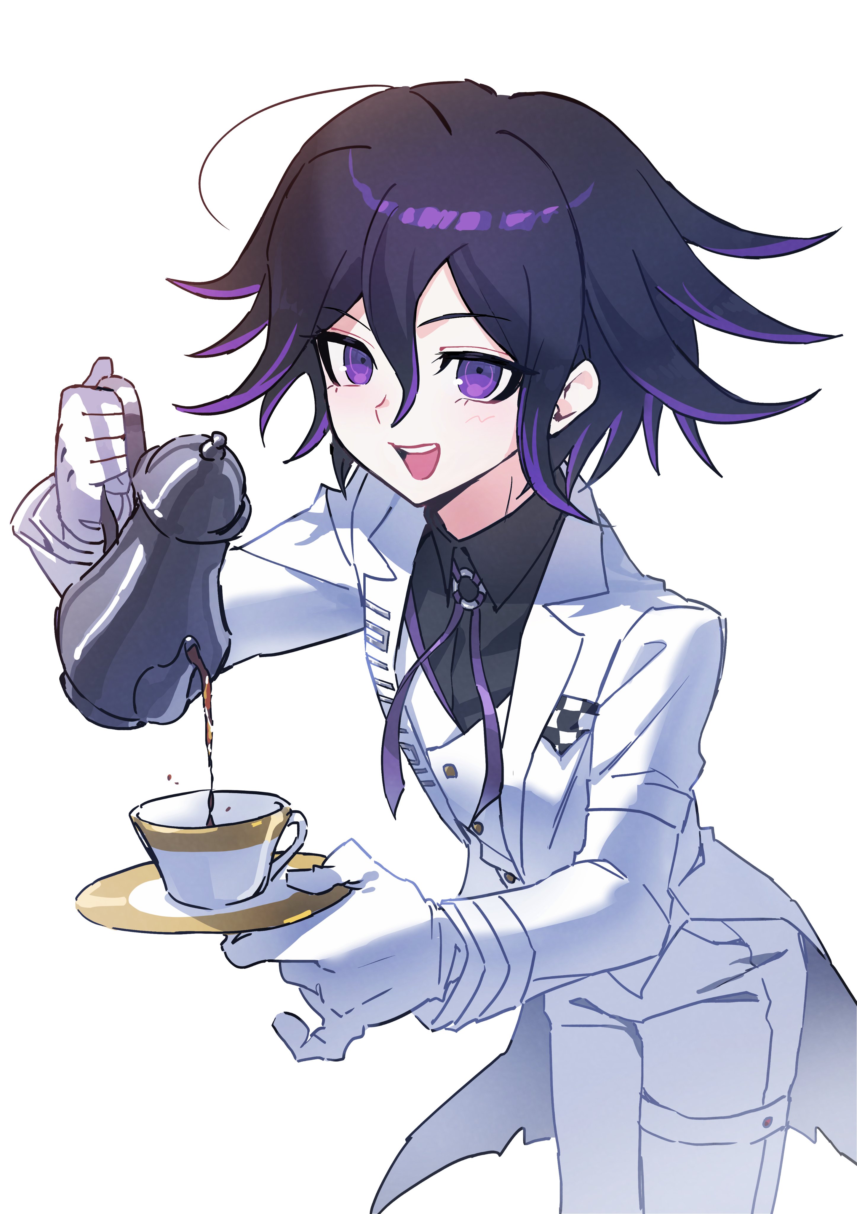 ttegi (ddeck dg), oma kokichi, danganronpa (series), danganronpa v3: killing harmony, absurdres, commentary request, highres, 1boy, black shirt, blush, butler, buttons, coattails, collared jacket, collared shirt, cowboy shot, cup, flipped hair, gloves, hair between eyes, holding, holding saucer, holding teapot, jacket, leaning forward, looking at viewer, male focus, medium hair, neck ribbon, official alternate costume, open mouth, pants, pouring, ribbon, saucer, shirt, short hair, sidelighting, simple background, solo, teacup, teapot, white background, white gloves, white jacket, white pants