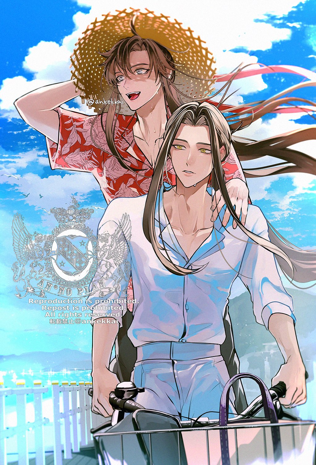 ankekkai, lan wangji, wei wuxian, modao zushi, highres, 2boys, ahoge, alternate costume, bag, bicycle, bicycle basket, bishounen, black hair, black pants, blue sky, brown hair, cloud, cloudy sky, collarbone, collared shirt, contemporary, couple, day, fence, floating hair, grey eyes, hair ribbon, hand on another's shoulder, hat, hawaiian shirt, holding, jewelry, long hair, looking to the side, male focus, mountain, multiple boys, multiple riders, ocean, open mouth, outdoors, pants, parted bangs, parted lips, ponytail, red ribbon, red shirt, ribbon, riding, riding bicycle, shirt, short sleeves, sidelocks, sky, smile, straw hat, sun hat, sweat, teeth, twitter username, watermark, white pants, white shirt, wind, yaoi, yellow eyes