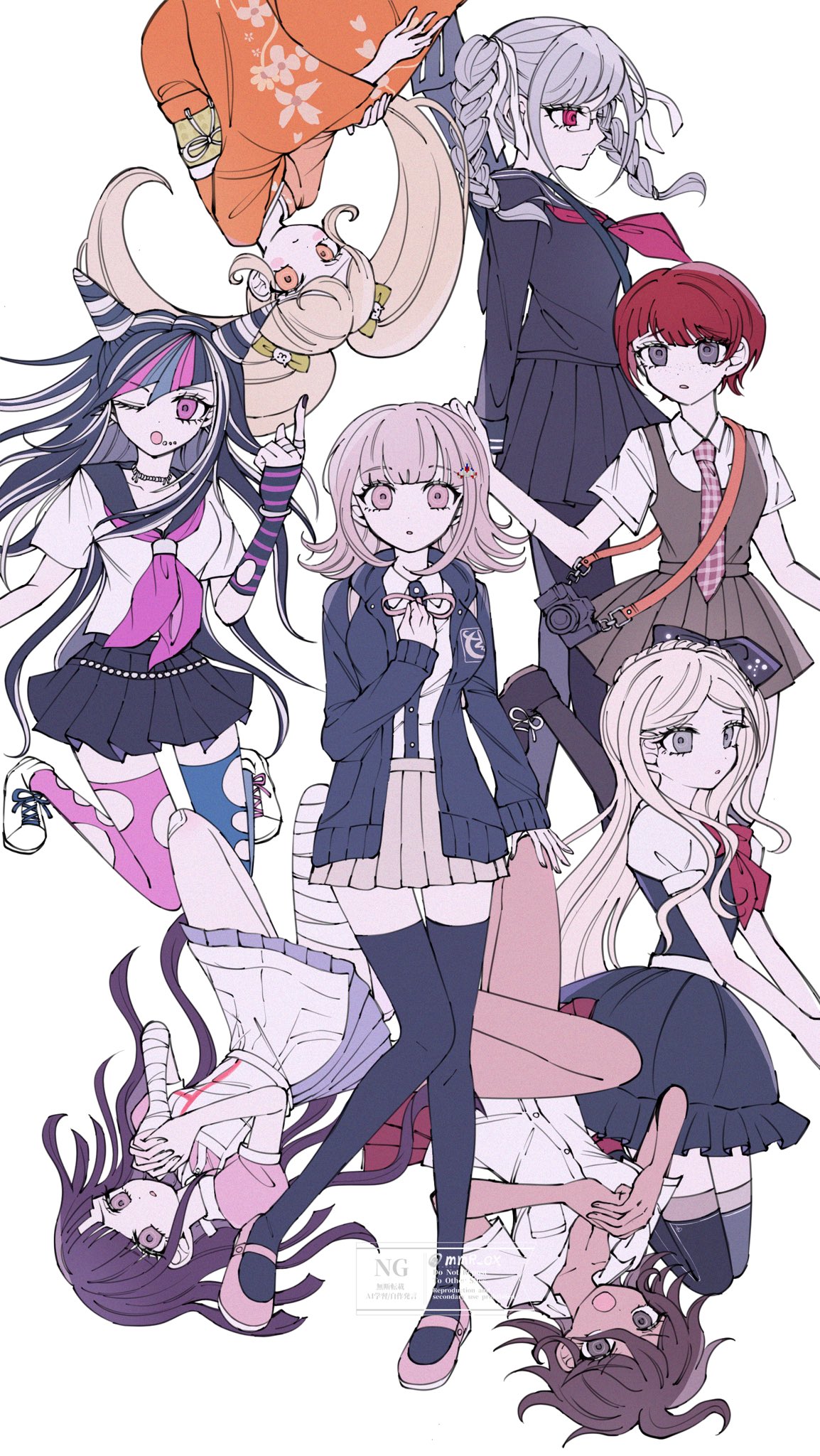 mmr 0x, koizumi mahiru, mioda ibuki, nanami chiaki, owari akane, pekoyama peko, saionji hiyoko, tsumiki mikan, danganronpa (series), danganronpa 2: goodbye despair, highres, 6+girls, blonde hair, blush, bow, breasts, brown hair, cat hair ornament, collared shirt, dark-skinned female, dark skin, flipped hair, grey hair, hair bow, hair ornament, jacket, japanese clothes, kimono, long hair, long sleeves, looking at viewer, medium hair, multiple girls, neck ribbon, open clothes, open jacket, open mouth, orange kimono, pink eyes, pink ribbon, pleated skirt, red hair, ribbon, shirt, short hair, simple background, skirt, smile, teeth, thighhighs, twintails, white shirt
