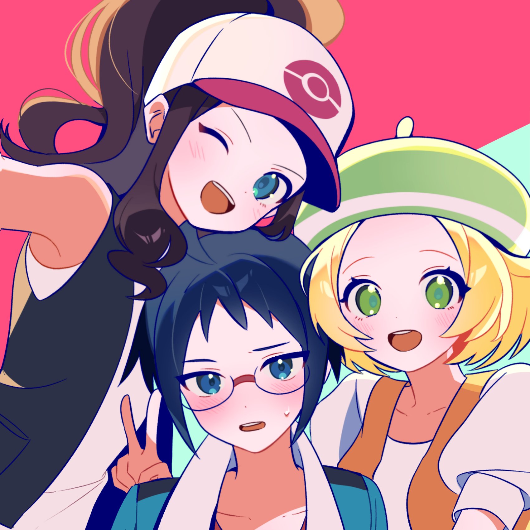 ebi (shrimp eleven), bianca (pokemon), cheren (pokemon), hilda (pokemon), nintendo, pokemon, pokemon bw, highres, 1boy, 2girls, baseball cap, black hair, blonde hair, blue eyes, blush, brown hair, glasses, green eyes, green hat, hat, high ponytail, long hair, looking at viewer, multiple girls, one eye closed, open mouth, ponytail, shirt, short hair, sidelocks, smile, upper body, vest, white shirt