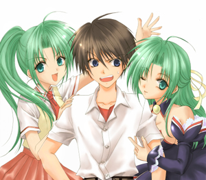 houjou yutori, maebara keiichi, sonozaki mion, sonozaki shion, higurashi no naku koro ni, lowres, non-web source, 00s, 1boy, 2girls, angel mort, blue eyes, brown hair, detached collar, green eyes, green hair, half updo, multiple girls, one eye closed, ponytail, siblings, sisters, twins, waitress, wink