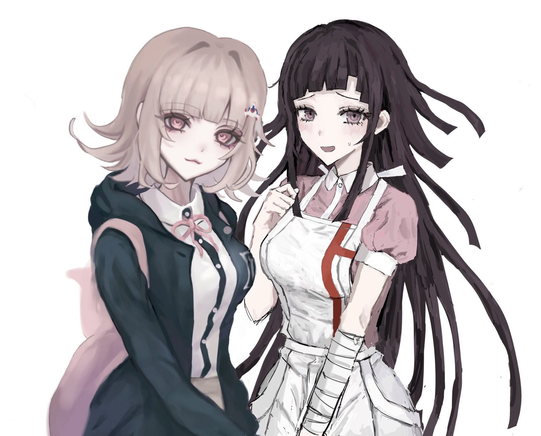 nanami chiaki, tsumiki mikan, danganronpa (series), danganronpa 2: goodbye despair, highres, 2girls, apron, bandages, black hair, breasts, brown hair, collared shirt, flipped hair, hair ornament, hood, jacket, large breasts, long hair, long sleeves, looking at viewer, medium hair, mole, mole under eye, multiple girls, neck ribbon, open clothes, open jacket, pink eyes, pink ribbon, pink shirt, puffy short sleeves, puffy sleeves, ribbon, rom9461, shirt, short sleeves, skirt, white shirt