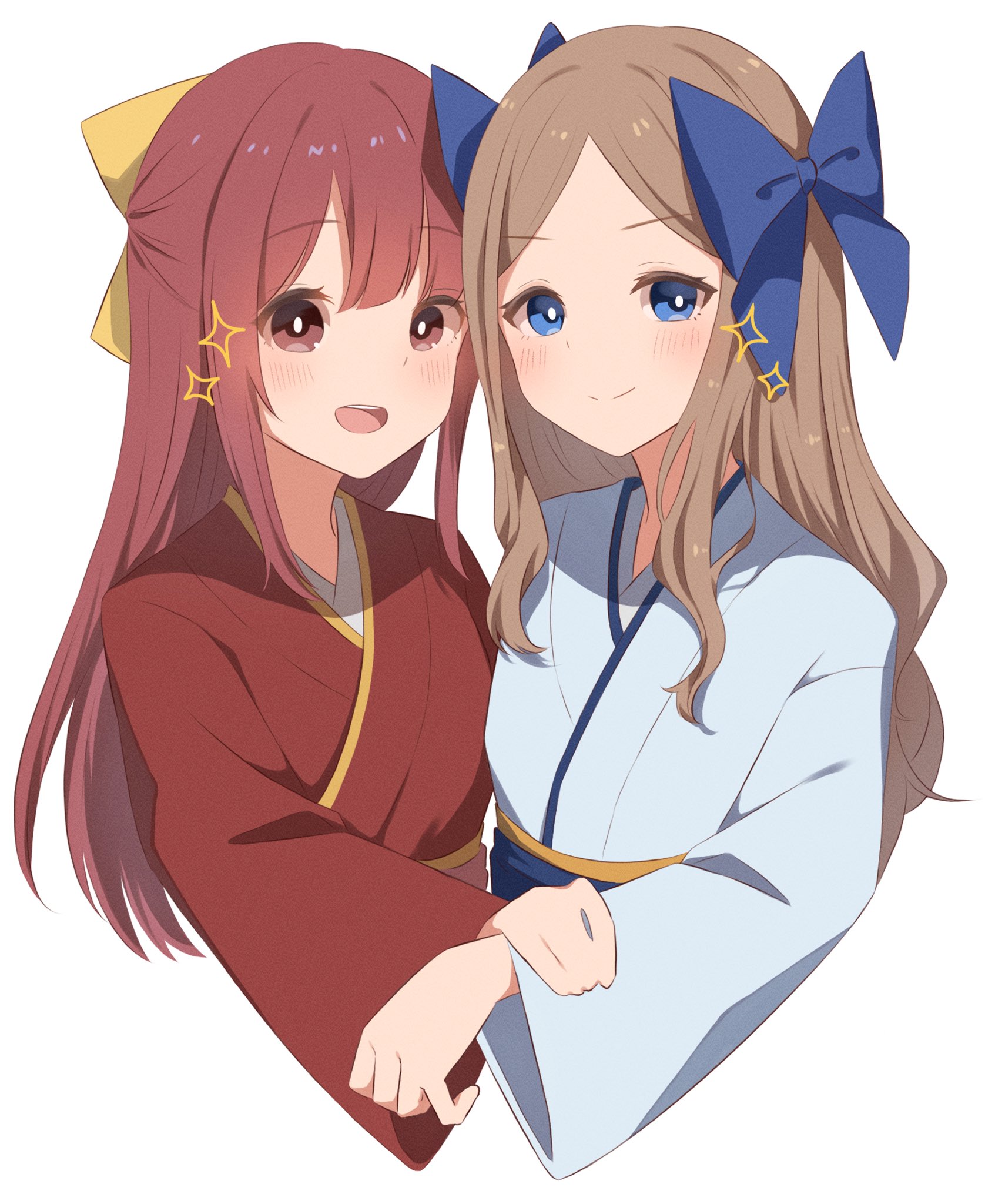 hachino mugi, asakaze (kancolle), kamikaze (kancolle), kantai collection, highres, 2girls, blue bow, blue eyes, blue kimono, bow, brown hair, cropped torso, hair bow, japanese clothes, kimono, long hair, multiple girls, parted bangs, red eyes, red kimono, simple background, upper body, white background, yellow bow
