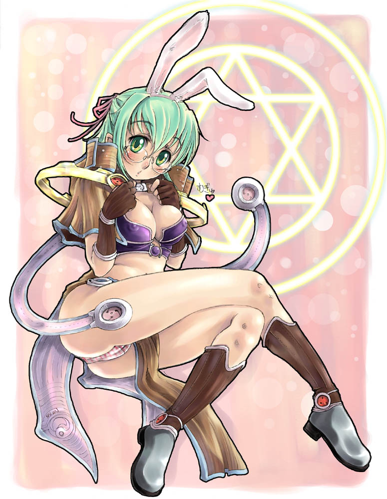 kuboshun, sage (ragnarok online), ragnarok online, 1girl, animal ears, ass, blush, boots, breasts, cameltoe, cleavage, female focus, glasses, green eyes, green hair, hexagram, magic circle, matching hair/eyes, medium breasts, nipples, panties, rabbit ears, red panties, solo, striped clothes, striped panties, underwear