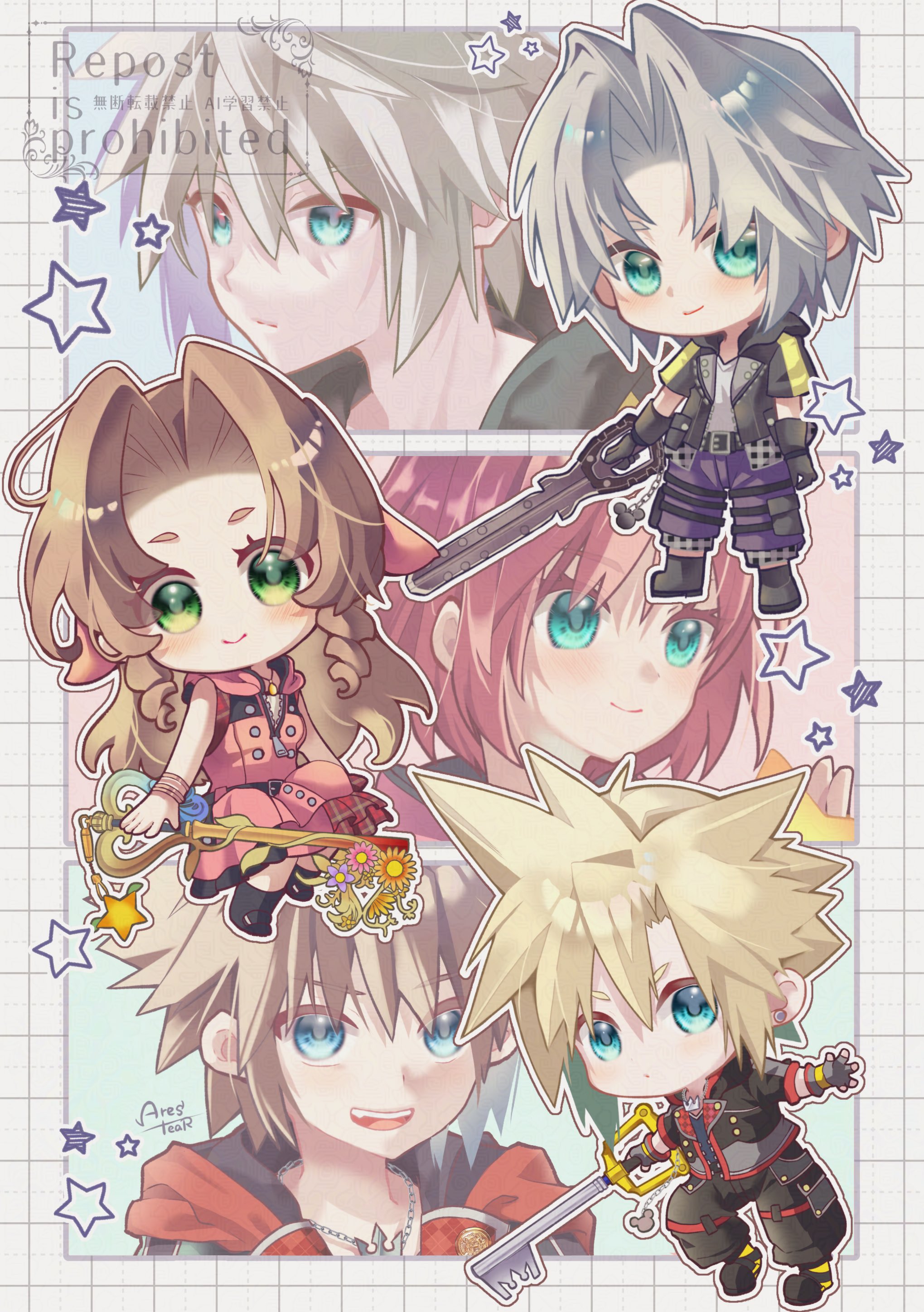 arestear0701, aerith gainsborough, cloud strife, kairi (kingdom hearts), riku (kingdom hearts), sephiroth, sephiroth (ever crisis), sora (kingdom hearts), final fantasy, final fantasy vii, final fantasy vii ever crisis, kingdom hearts, kingdom hearts iii, absurdres, highres, 2girls, 4boys, aqua eyes, artist name, bangle, bare shoulders, black boots, black bow, black jacket, black overalls, blonde hair, blue eyes, blue shorts, boots, bow, bracelet, breasts, brown hair, character name, chibi, closed mouth, cosplay, cropped torso, crown necklace, dress, earrings, fingerless gloves, food, fruit, full body, gloves, green eyes, grey hair, grid background, hair between eyes, hair ribbon, holding, holding food, holding fruit, holding weapon, hood, hood down, hooded dress, hooded jacket, jacket, jewelry, kairi (kingdom hearts) (cosplay), keyblade, light blush, long hair, medium breasts, multiple boys, multiple girls, necklace, open mouth, overalls, paopu fruit, parted bangs, pink dress, pink ribbon, pleated dress, red hair, ribbon, riku (kingdom hearts) (cosplay), shirt, short hair, shorts, sidelocks, single earring, smile, sora (kingdom hearts) (cosplay), spiked hair, weapon, white shirt