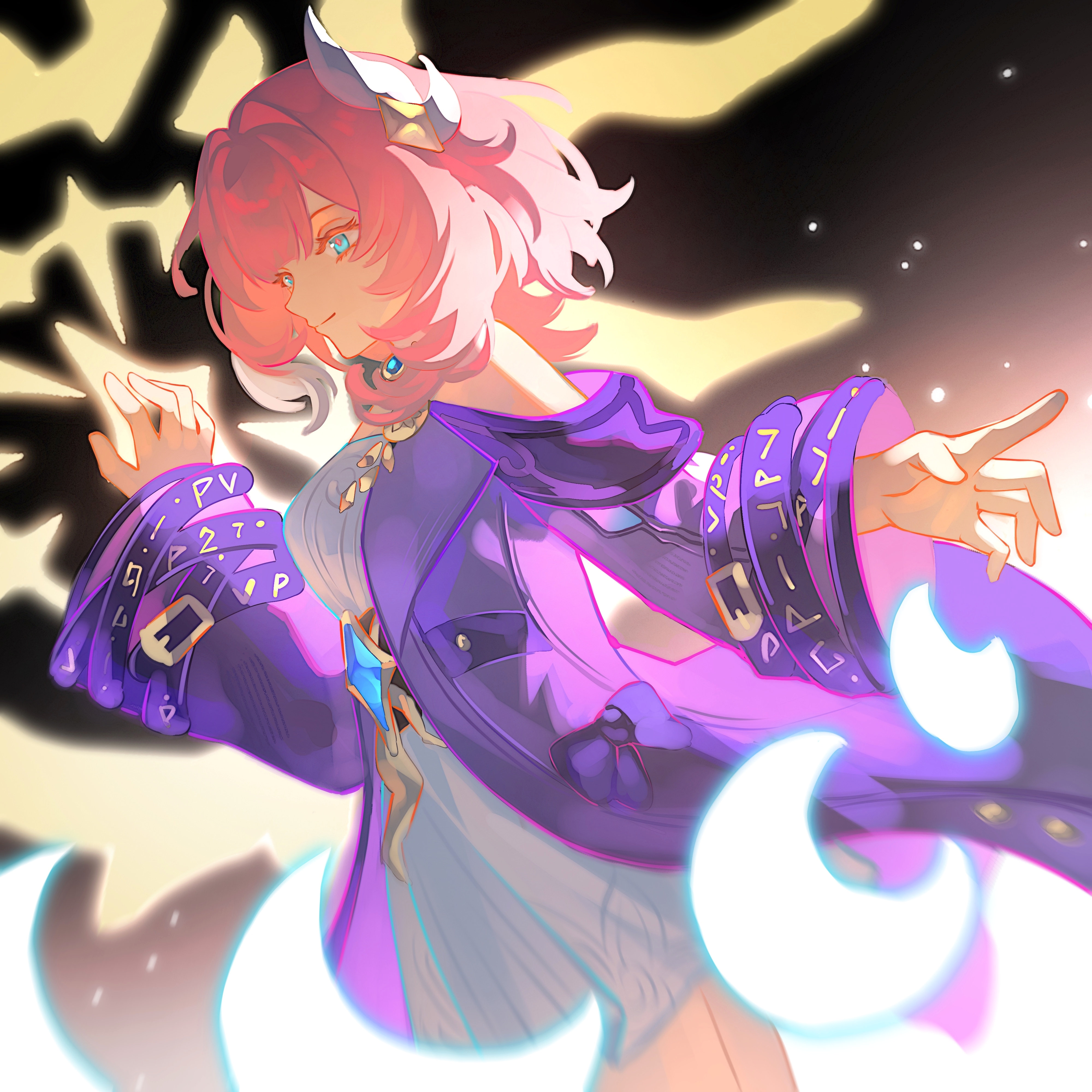 cyrene (honkai: star rail), honkai: star rail, honkai (series), absurdres, chinese commentary, commentary request, highres, 1girl, bare shoulders, breasts, coat, cyrene (aedes elysiae) (honkai: star rail), dress, hair ornament, jewelry, multicolored hair, necklace, outdoors, pink hair, purple coat, short hair, sky, small breasts, solo, star (sky), starry sky, two-tone hair, white dress, white hair, xinjinjumin571457544580