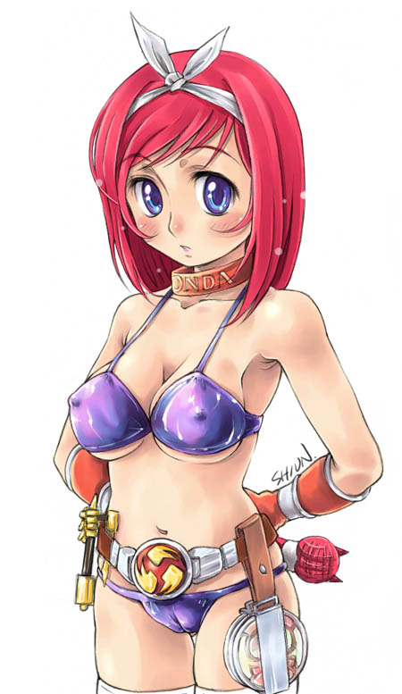 kuboshun, 1girl, belt, blue eyes, blush, bra, breasts, cameltoe, collar, covered erect nipples, female focus, hairband, lingerie, lowleg, lowleg panties, medium breasts, panties, purple panties, red hair, simple background, solo, underboob, underwear, underwear only