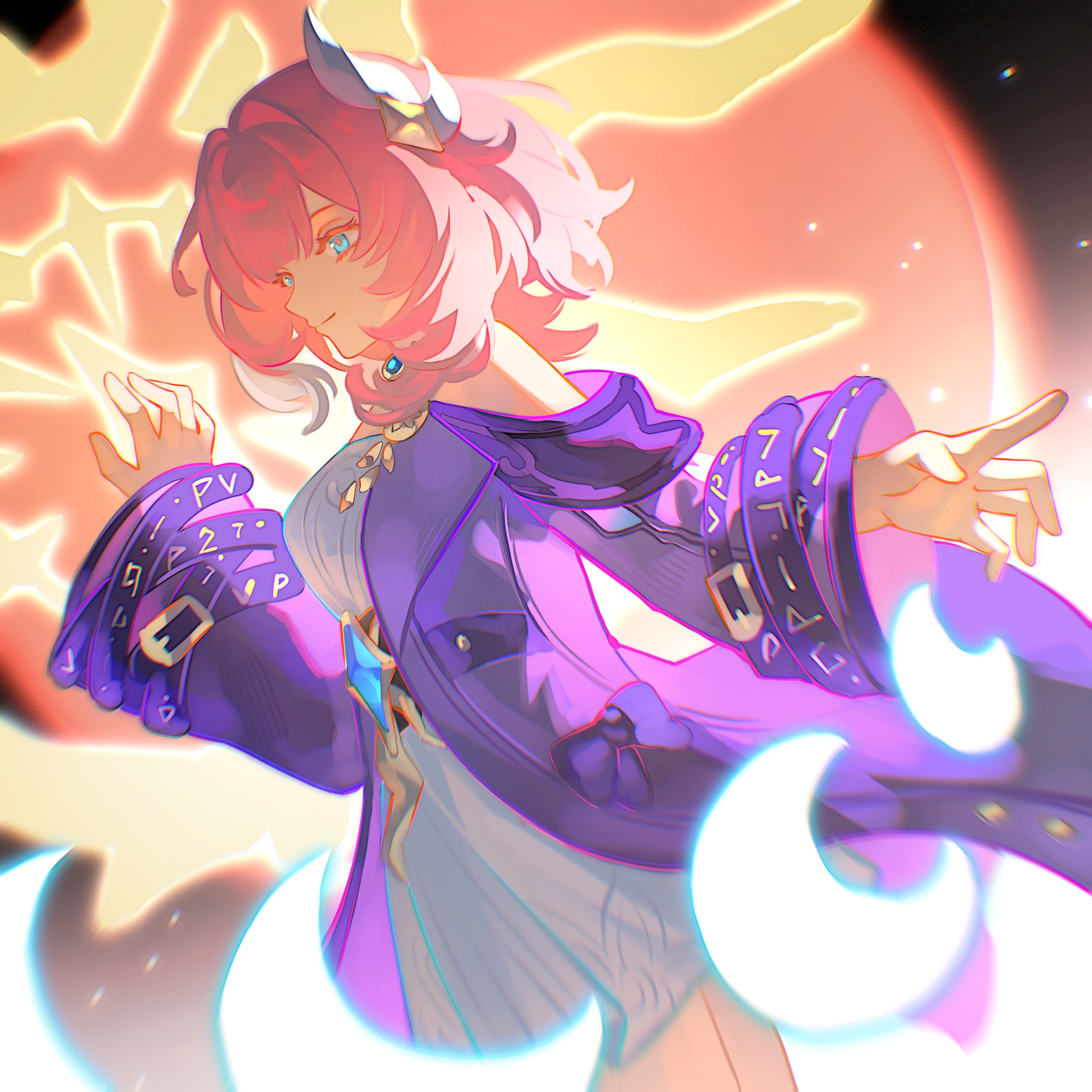 cyrene (honkai: star rail), honkai: star rail, honkai (series), absurdres, chinese commentary, commentary request, highres, 1girl, bare shoulders, breasts, coat, cyrene (aedes elysiae) (honkai: star rail), dress, hair ornament, jewelry, multicolored hair, necklace, outdoors, pink hair, purple coat, short hair, sky, small breasts, solo, star (sky), starry sky, two-tone hair, white dress, white hair, xinjinjumin571457544580