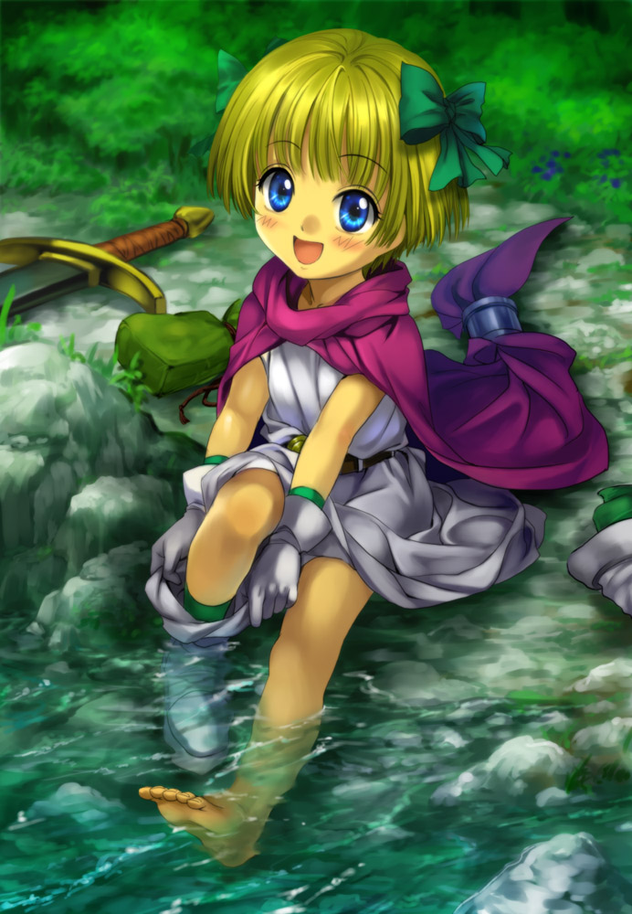 mutsuki (moonknives), hero's daughter (dq5), dragon quest, dragon quest v, square enix, 1girl, barefoot, belt, blonde hair, blue eyes, blush, bow, cape, child, dress, feet, female focus, full body, gloves, nature, outdoors, river, shoes, short hair, single shoe, sitting, soaking feet, soles, solo, stream, sword, toes, water, weapon