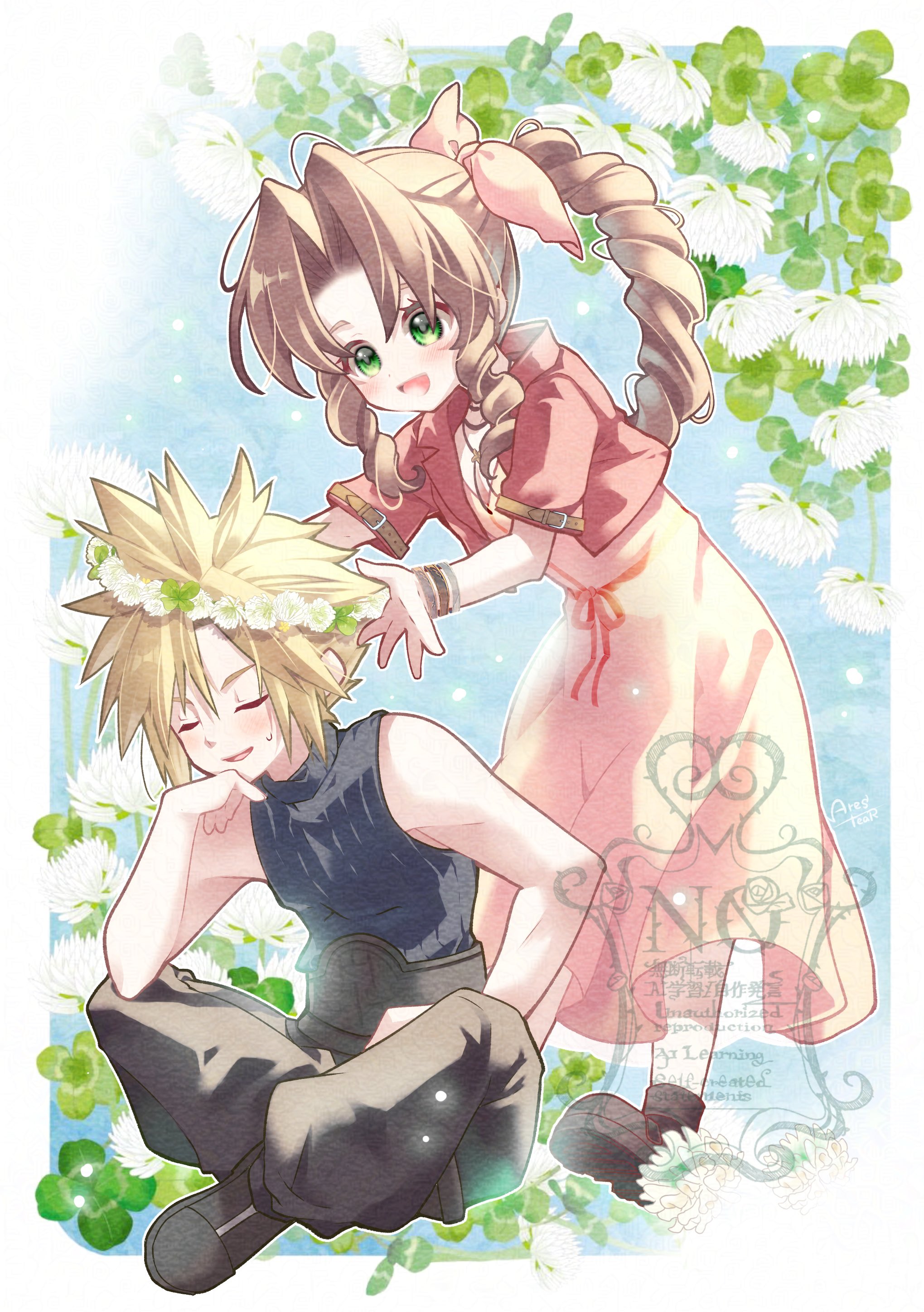arestear0701, aerith gainsborough, cloud strife, final fantasy, final fantasy vii, final fantasy vii rebirth, final fantasy vii remake, absurdres, highres, 1boy, 1girl, artist name, baggy pants, bangle, bare shoulders, belt, black boots, black pants, blonde hair, blue background, blue shirt, blush, boots, border, bracelet, braid, braided ponytail, breasts, brown hair, choker, cleavage, closed eyes, couple, cropped jacket, dress, flower choker, full body, gloves, green eyes, hair between eyes, hair ribbon, head on hand, head wreath, hetero, indian style, jacket, jewelry, leaning forward, long dress, long hair, medium breasts, multiple belts, open mouth, pants, parted bangs, parted lips, pink dress, pink ribbon, red jacket, ribbon, shirt, short hair, sidelocks, single braid, sitting, sleeveless, sleeveless turtleneck, smile, spiked hair, standing, sweatdrop, turtleneck, white border, white gloves