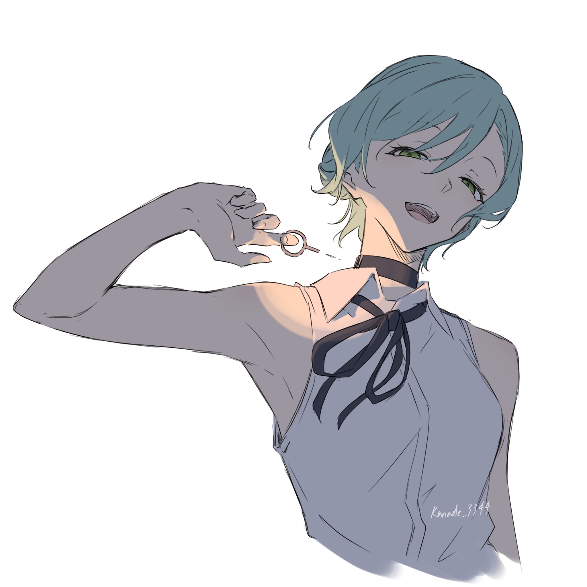 kanade (kanade 3344), hikawa sayo, reze (chainsaw man), bang dream!, chainsaw man, commentary request, highres, 1girl, aqua hair, black choker, black ribbon, choker, cosplay, green eyes, grenade pin, hair between eyes, looking at viewer, neck ribbon, open mouth, reze (chainsaw man) (cosplay), ribbon, shirt, short hair, simple background, solo, teeth, upper body, upper teeth only, white background, white shirt