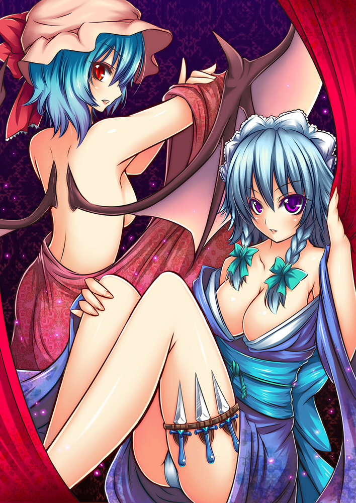 suzuneko (yume no kyoukai), izayoi sakuya, remilia scarlet, touhou, bad id, bad pixiv id, 2girls, back, bare shoulders, blue hair, bow, braid, breasts, cleavage, female focus, from behind, hair bow, hair ribbon, japanese clothes, kimono, knife, large breasts, looking back, multiple girls, nude, panties, purple eyes, red eyes, ribbon, short hair, throwing knife, underwear, weapon, white panties, wings, yukata