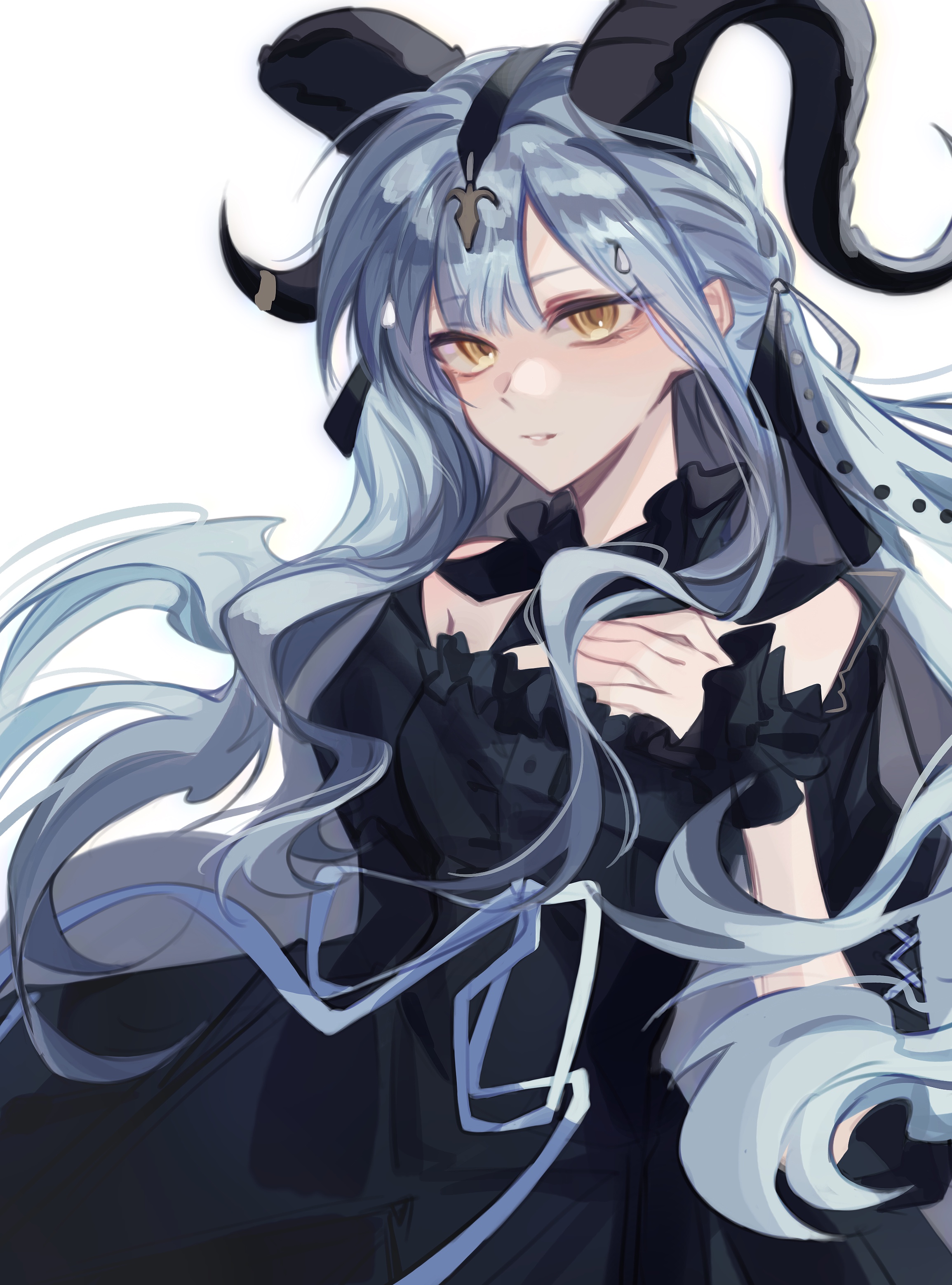 rinro.lll (rinrolll), togawa sakiko, togawa sakiko (master of melodia), arknights, bang dream!, bang dream! it's mygo!!!!!, absurdres, commentary, highres, 1girl, bare shoulders, black dress, black horns, black ribbon, blue hair, cowboy shot, curled horns, detached collar, dress, hair ribbon, hand up, horn ornament, horn ring, horns, long hair, looking at viewer, ribbon, sidelocks, simple background, solo, standing, two side up, white background, wrist cuffs, yellow eyes
