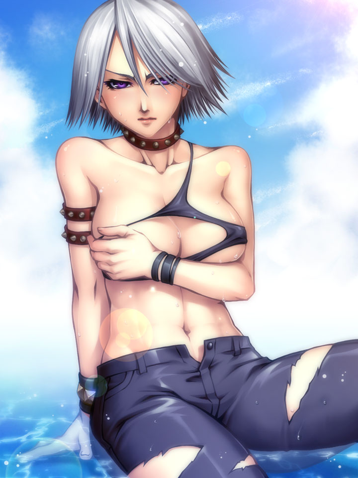 redrop, christie (doa), dead or alive, tecmo, breast hold, 1girl, armband, blush, breasts, choker, collar, cuffs, denim, female focus, jeans, large breasts, midriff, pants, purple eyes, short hair, solo, spiked collar, spikes, studded leather, torn clothes, wet, white hair