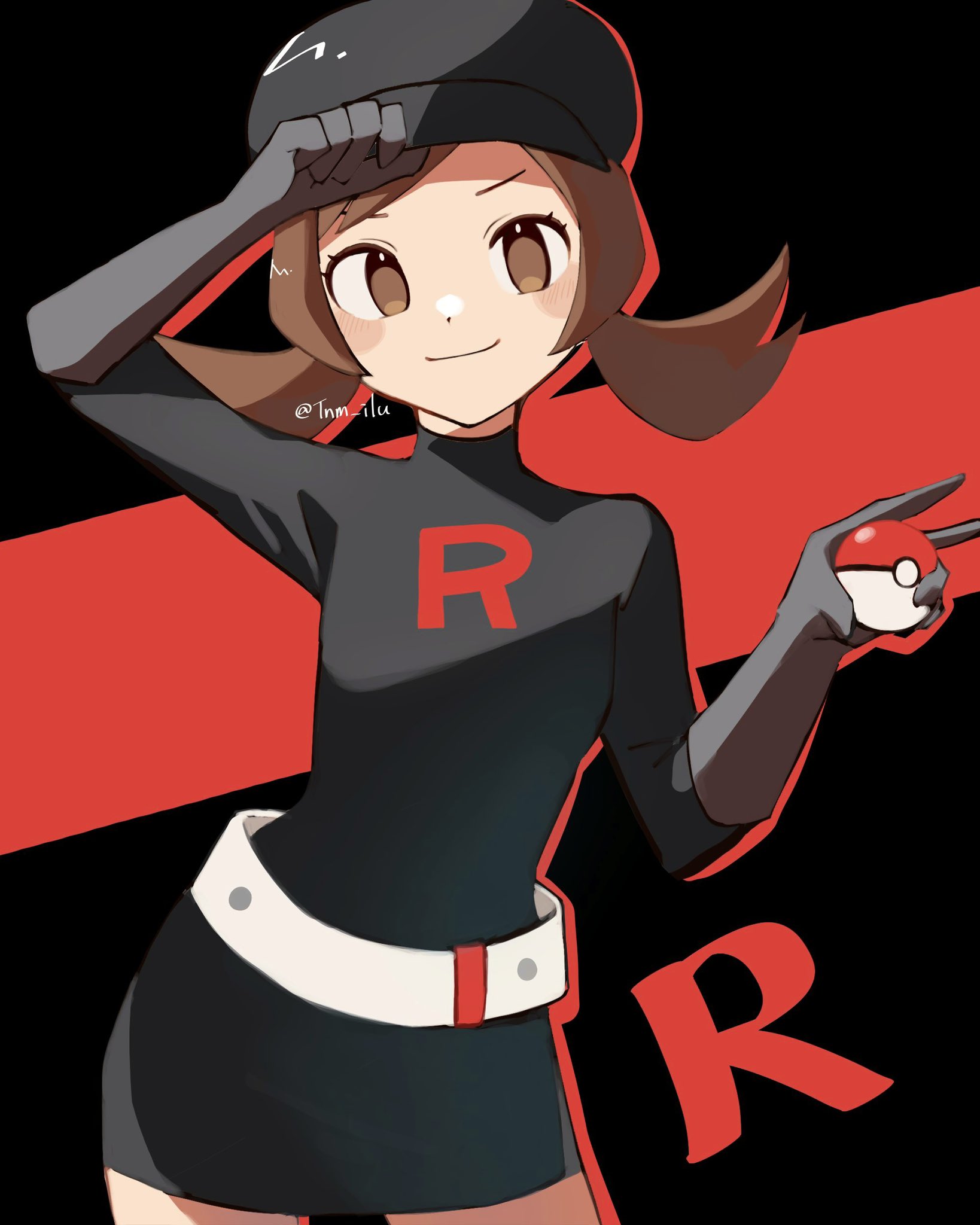 tnm ilu, lyra (pokemon), nintendo, pokemon, pokemon masters ex, highres, 1girl, belt, black background, black gloves, brown eyes, brown hair, gloves, grey belt, hand on headwear, hat, holding, holding poke ball, logo, official alternate costume, poke ball, smile, solo, team rocket, team rocket uniform, twintails