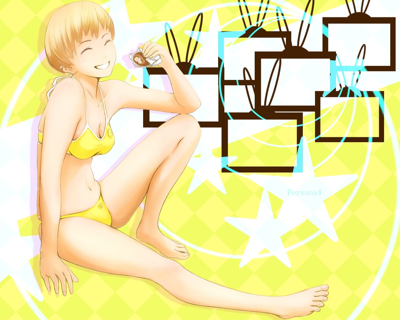 nanahime, satonaka chie, atlus, persona, persona 4, bad id, bad pixiv id, 1girl, barefoot, bikini, brown hair, closed eyes, feet, female focus, grin, legs, sitting, smile, solo, swimsuit, yellow bikini